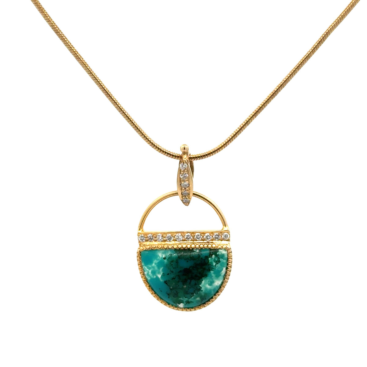 A gold necklace with a semi-circular gem silica pendant featuring diamond accent stones, shown on a plain white background.