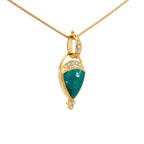 Side view of 14k gold gem silica chrysocolla pendant.