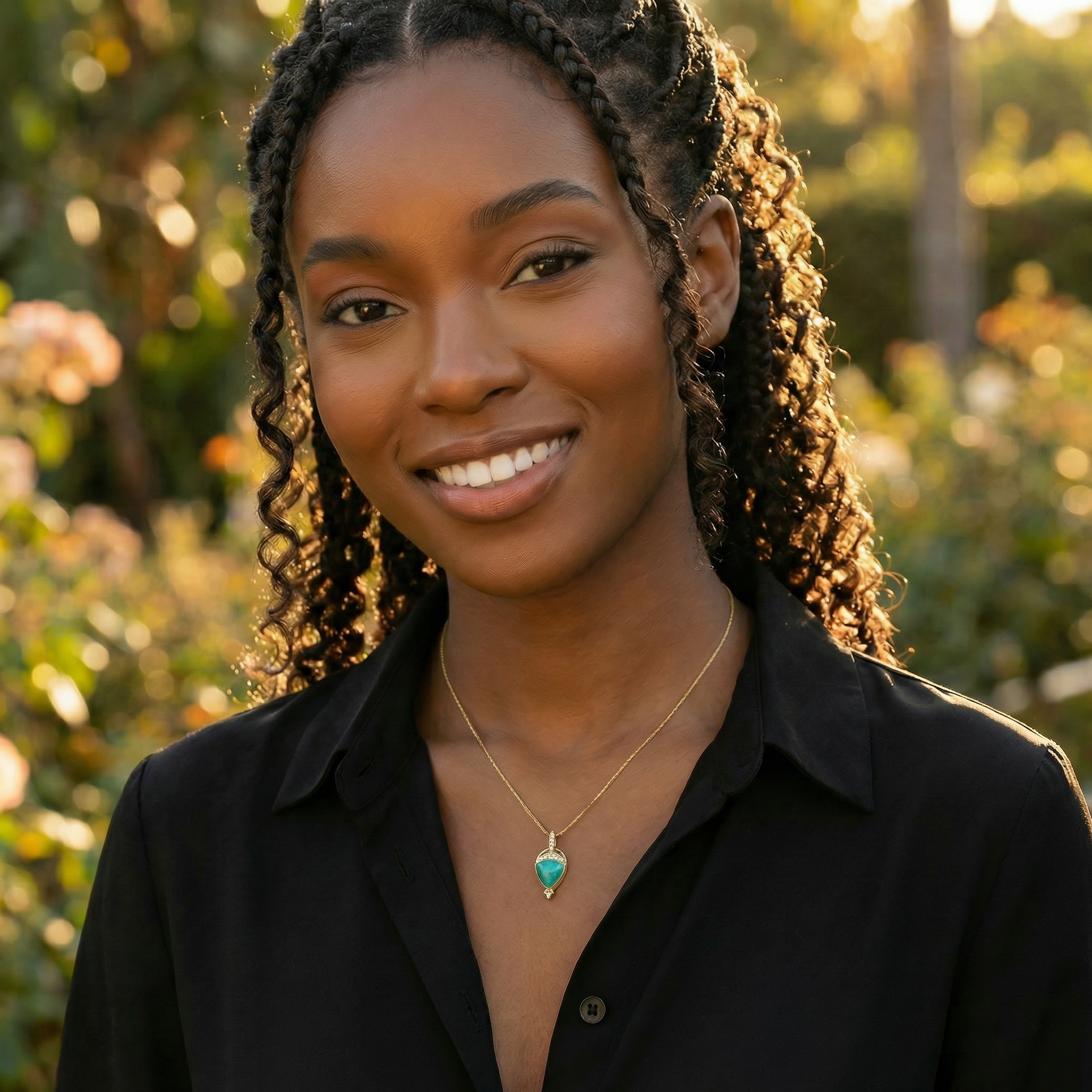 Woman wearing a black shirt with a 14k gem silica chrysocolla and diamond pendant.