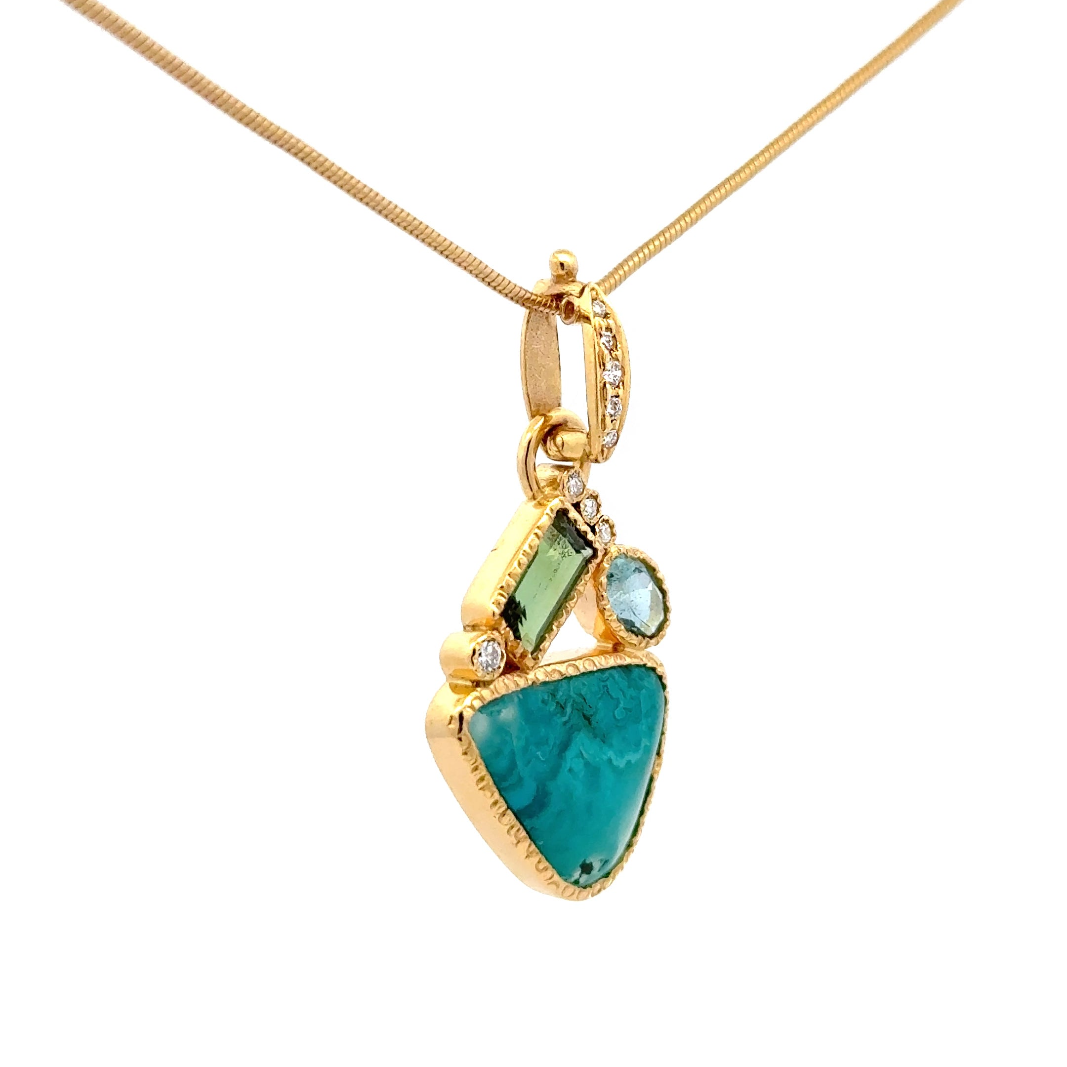 14k Gold Gem Silica, Tourmaline and Diamond Pendant