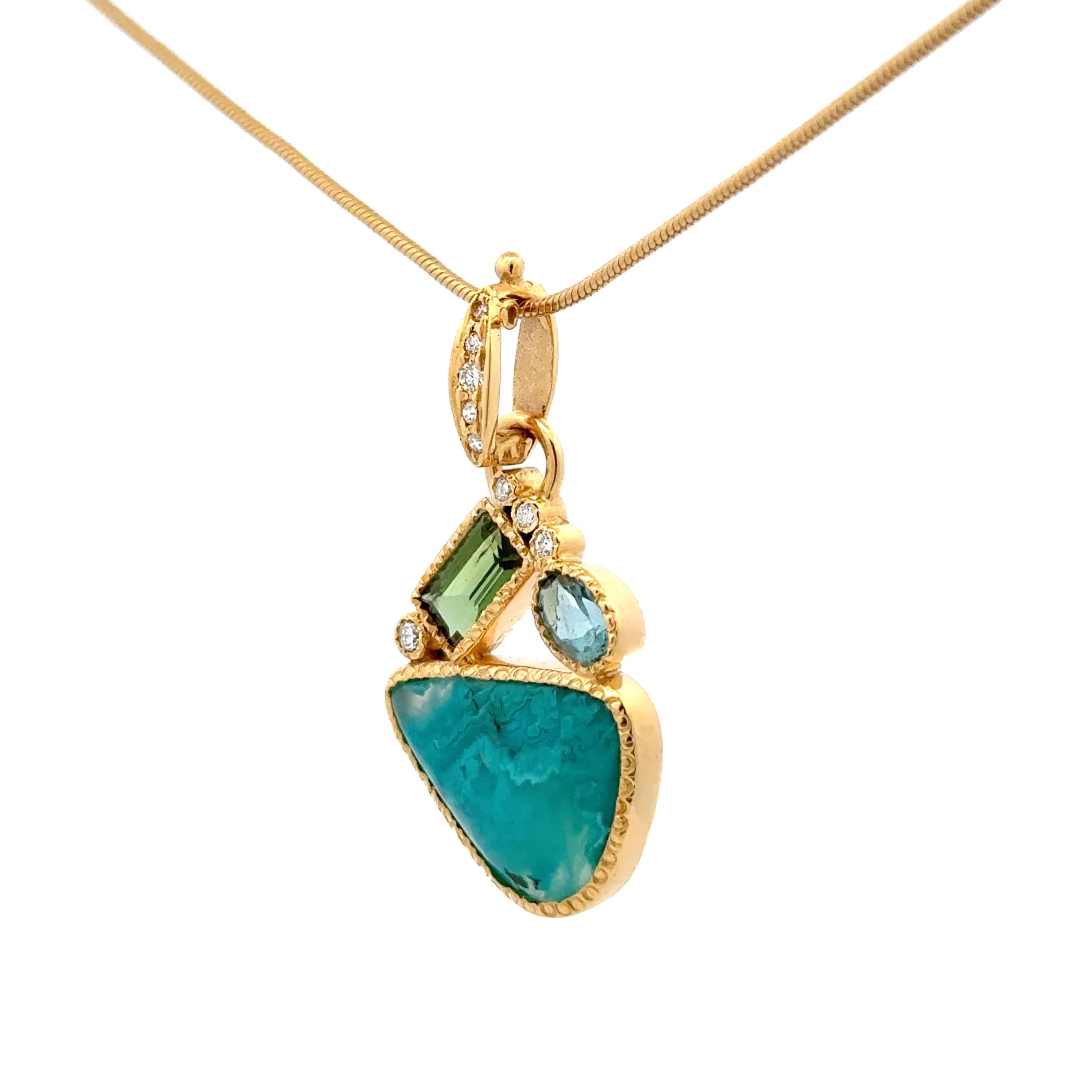 14k Gold Gem Silica, Tourmaline and Diamond Pendant