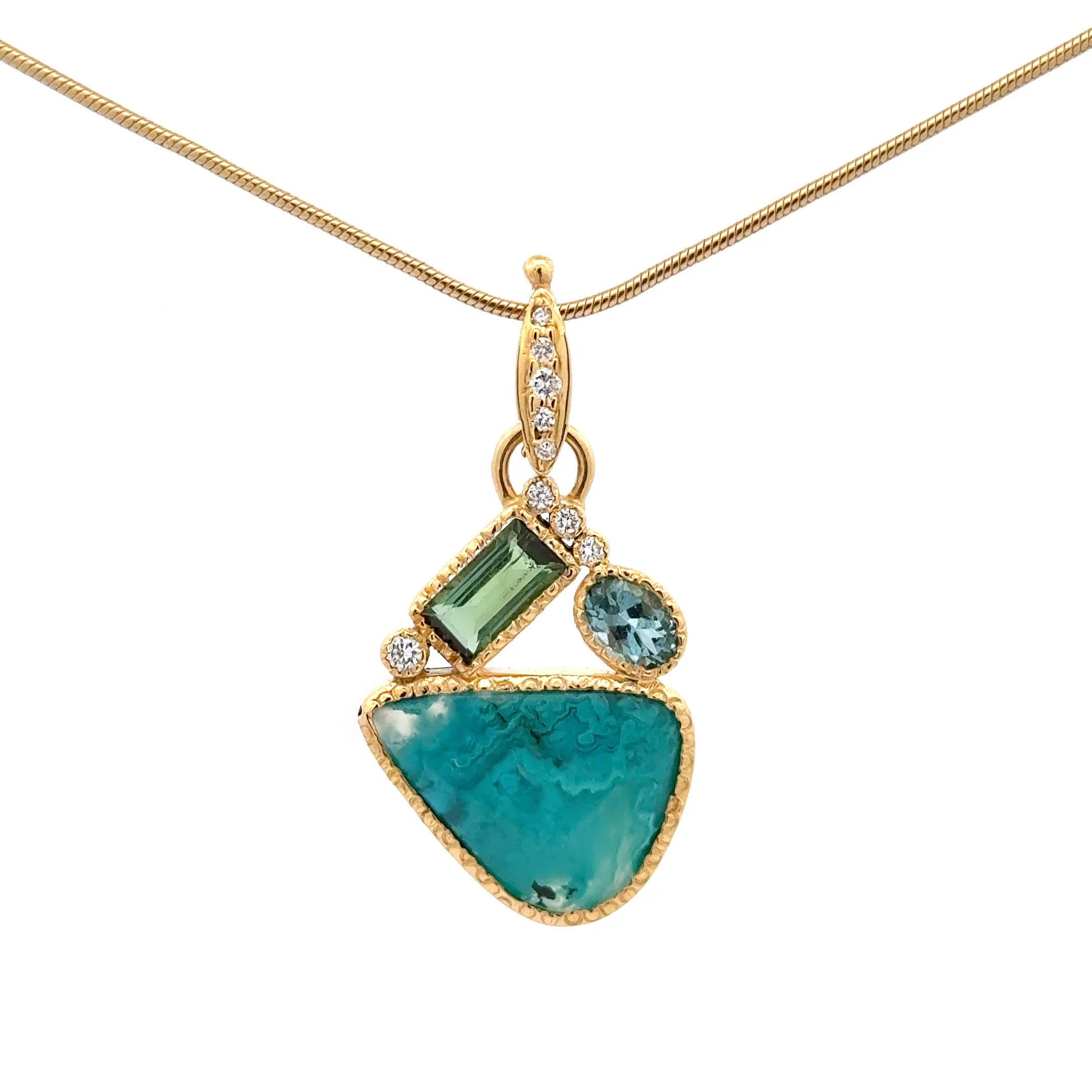 14k Gold Gem Silica, Tourmaline and Diamond Pendant