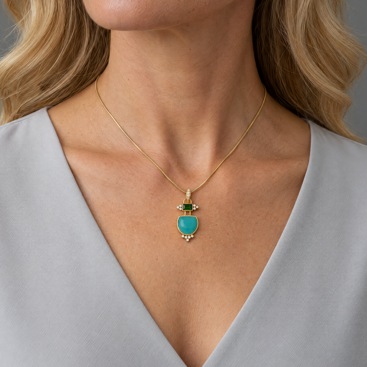 14k Gold Gem Silica and Tourmaline Pendant