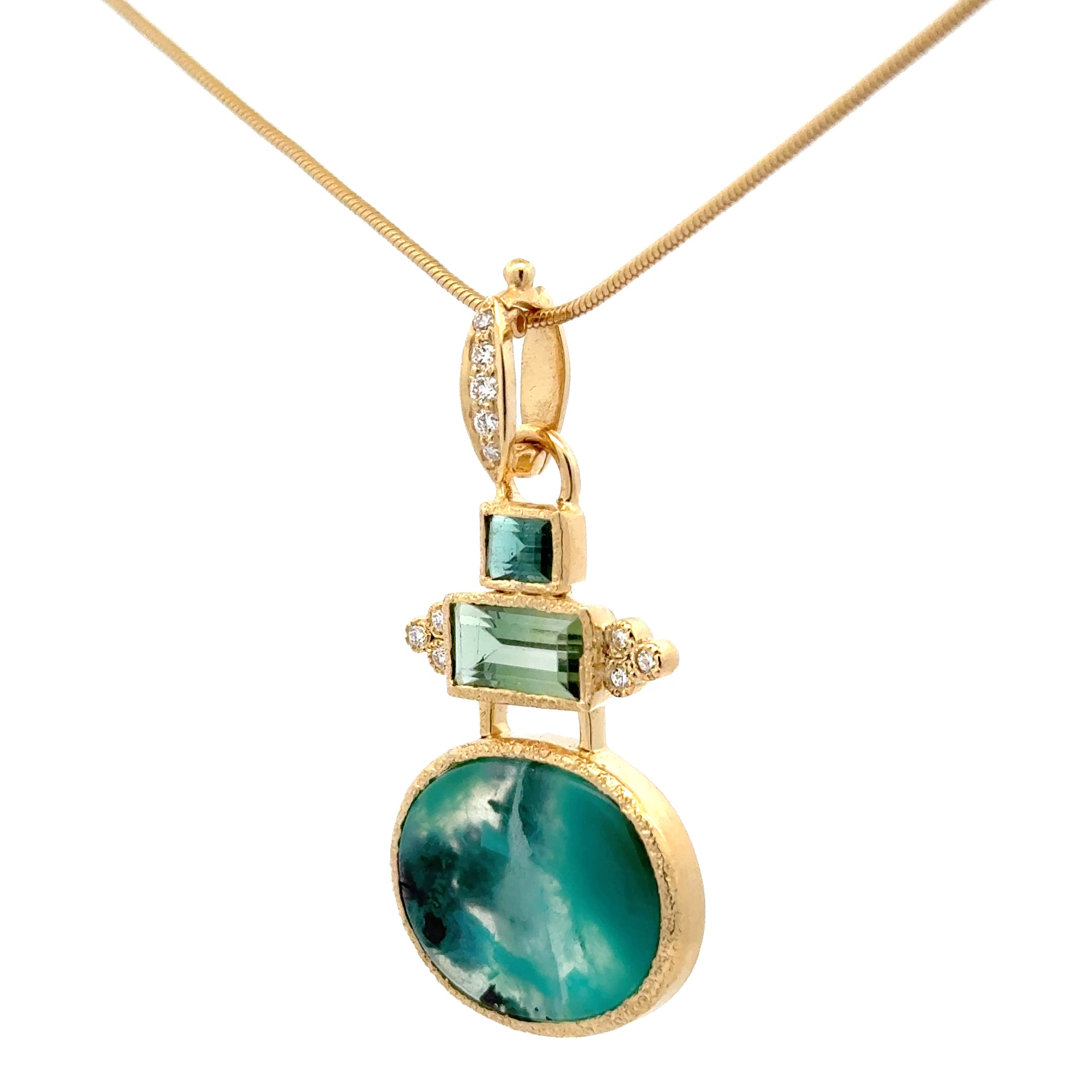 14k Gold Gem Silica, Tourmaline and Diamond Pendant