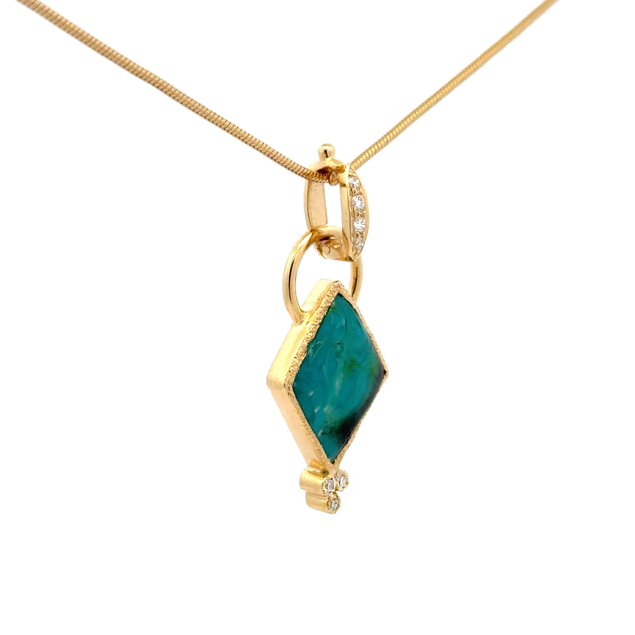 Gem Silica Chrysocolla Pendant 14k Gold with diamonds side view