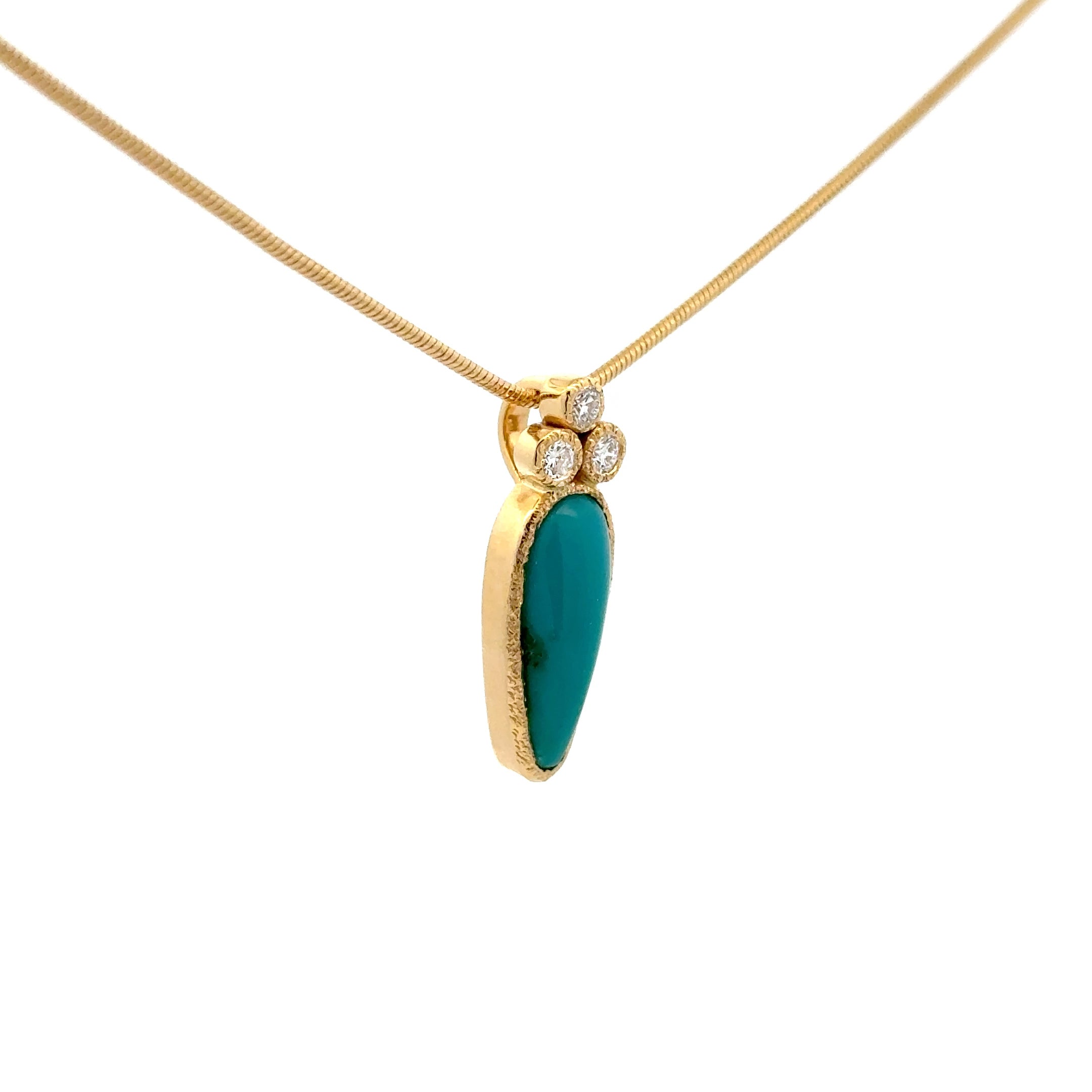 Side view of 14k Gold Gem Silica Chrysocolla and Diamond Pendant
