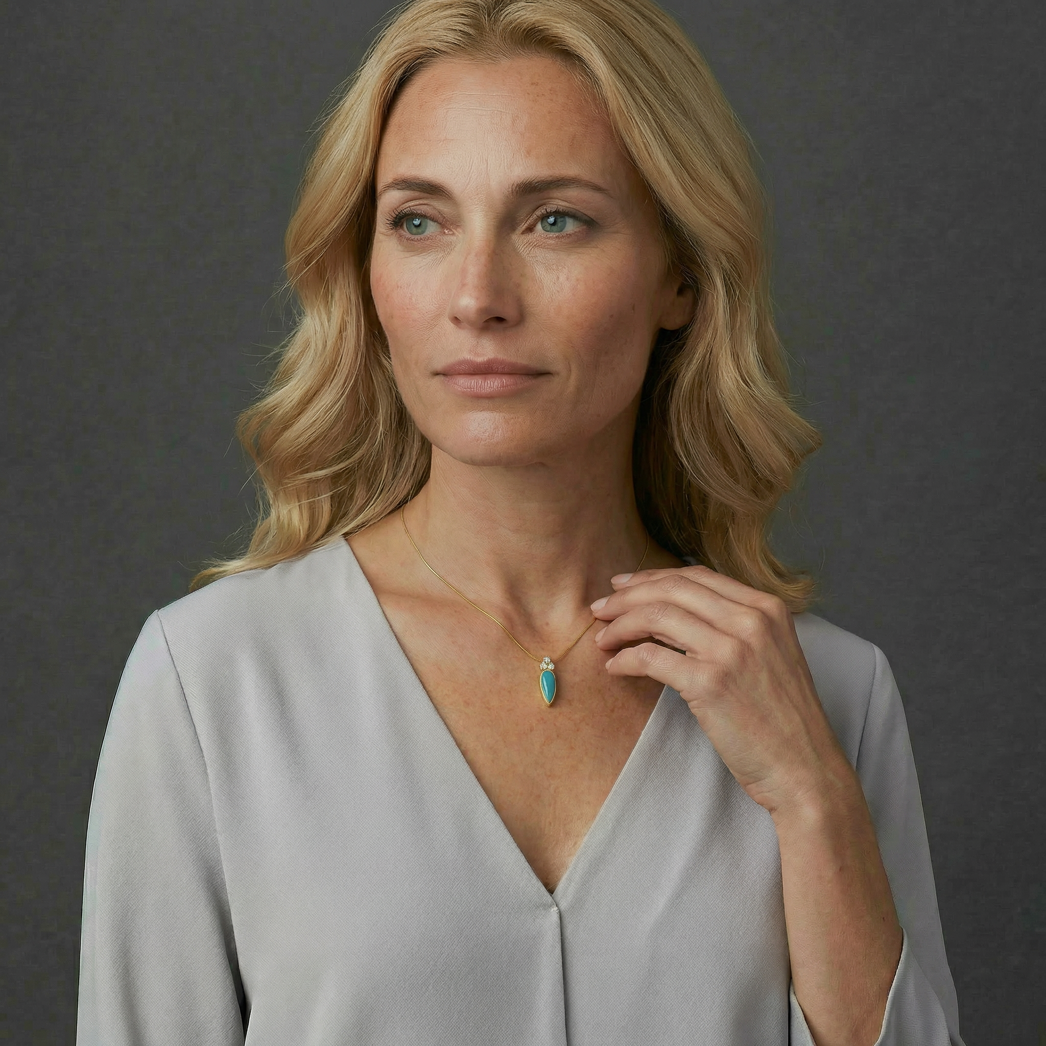 14k Gold Gem Silica Chrysocolla and Diamond Pendant on Model