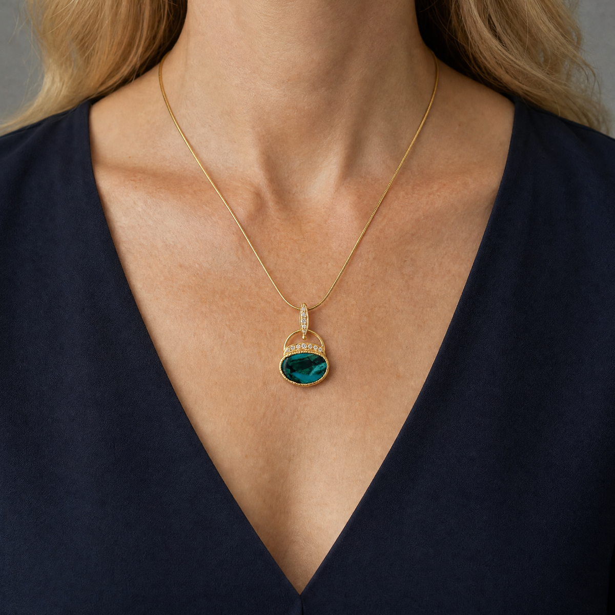 14k Gold Gem Silica Chrysocolla and Diamond Pendant
