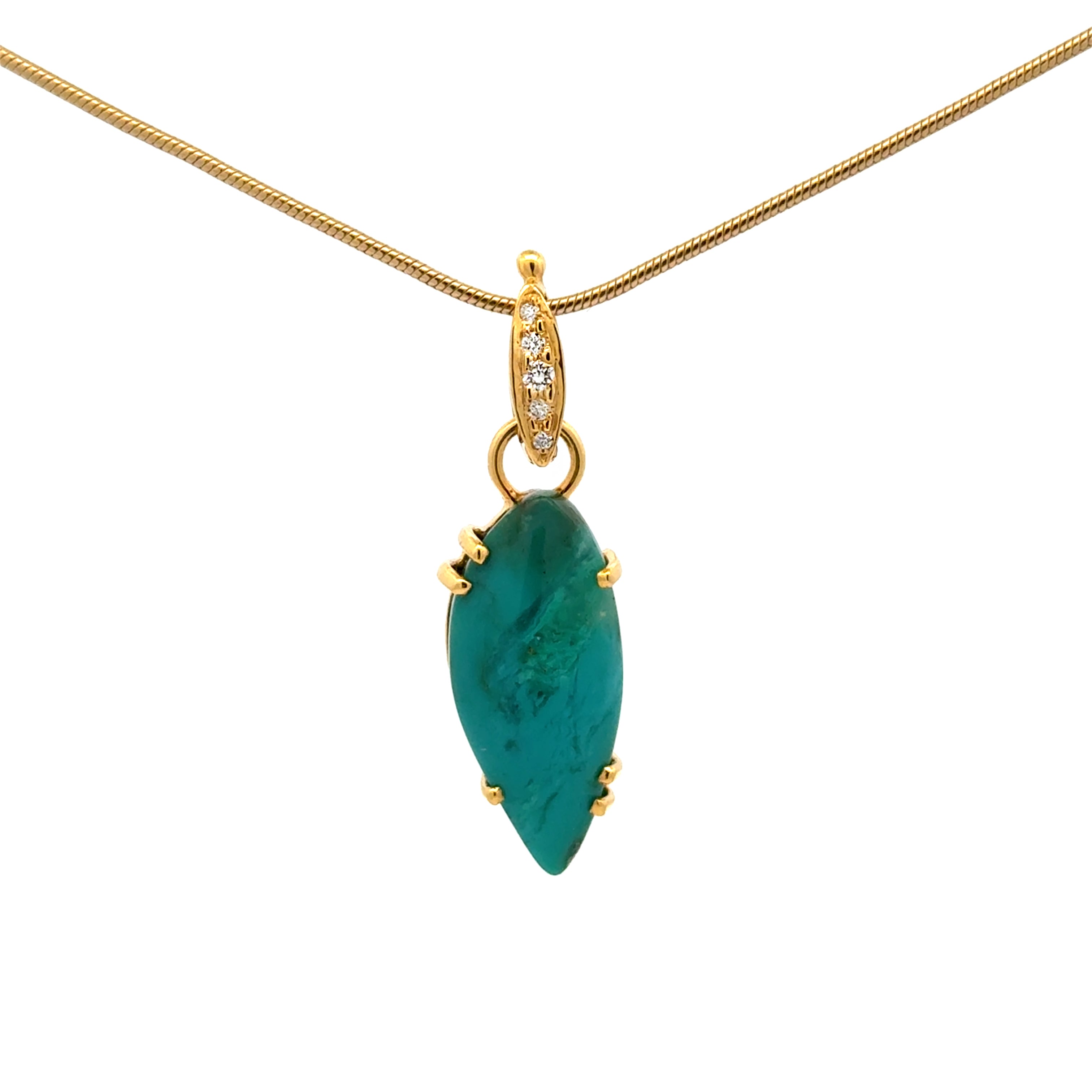 14k gold gem silica chrysocolla pendant on diamond hinged enhancer