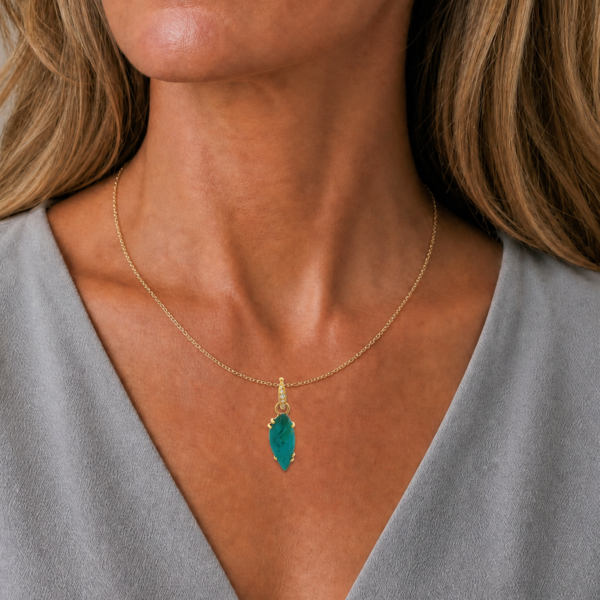 14k Gold Gem Silica Chrysocolla and Diamond Pendant