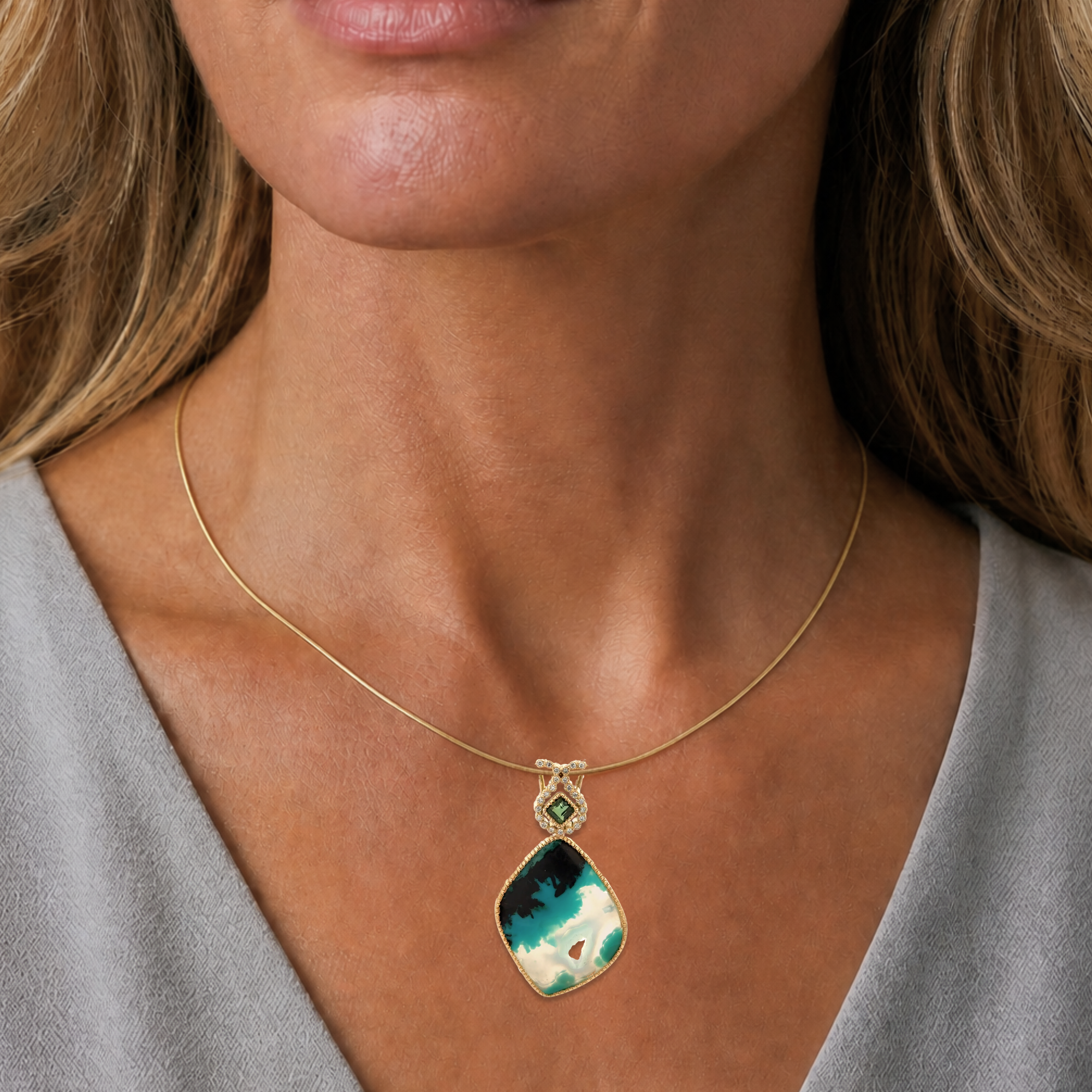 14k Gold Gem Silica and Diamond Pendant