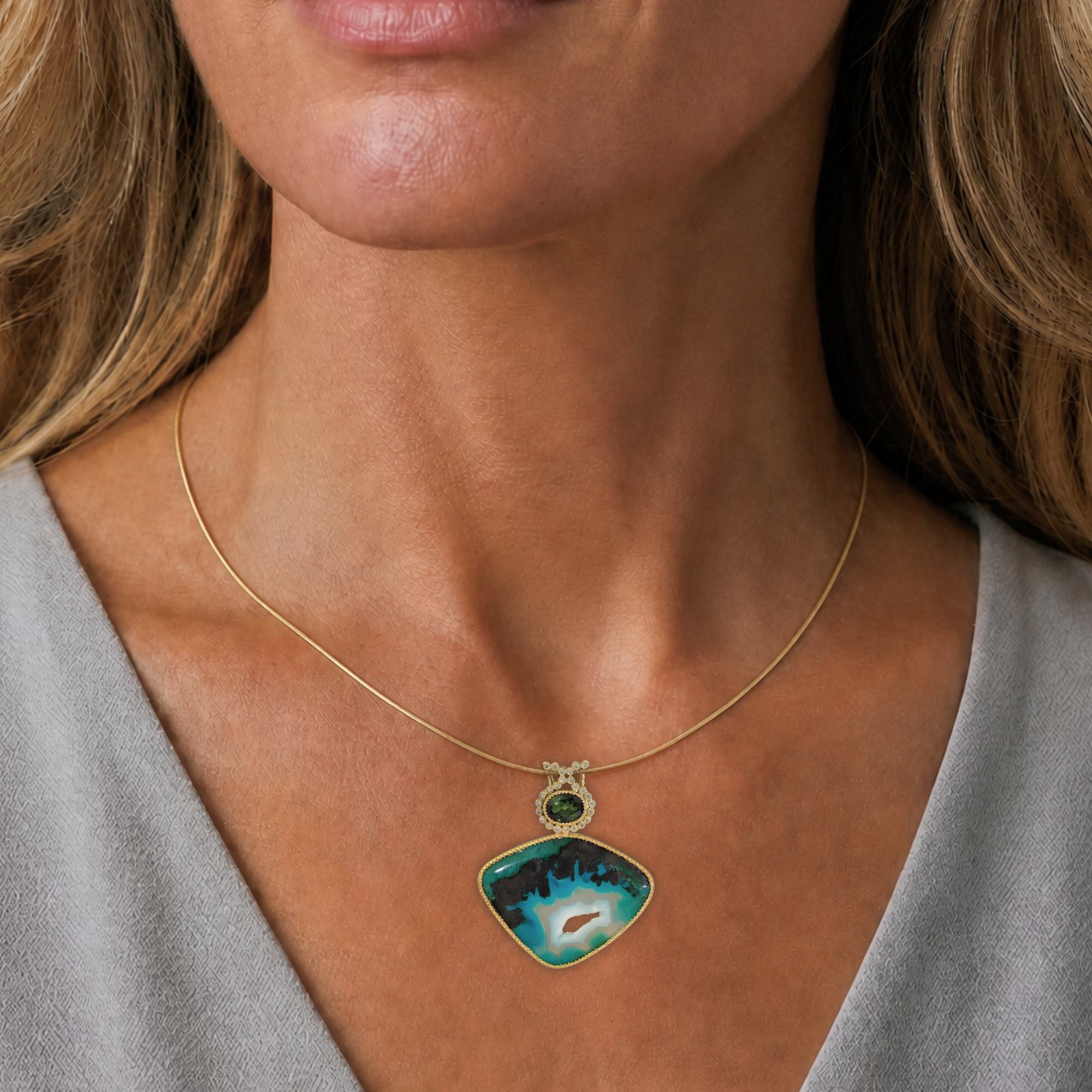 14k Gold Gem Silica and Diamond Pendant