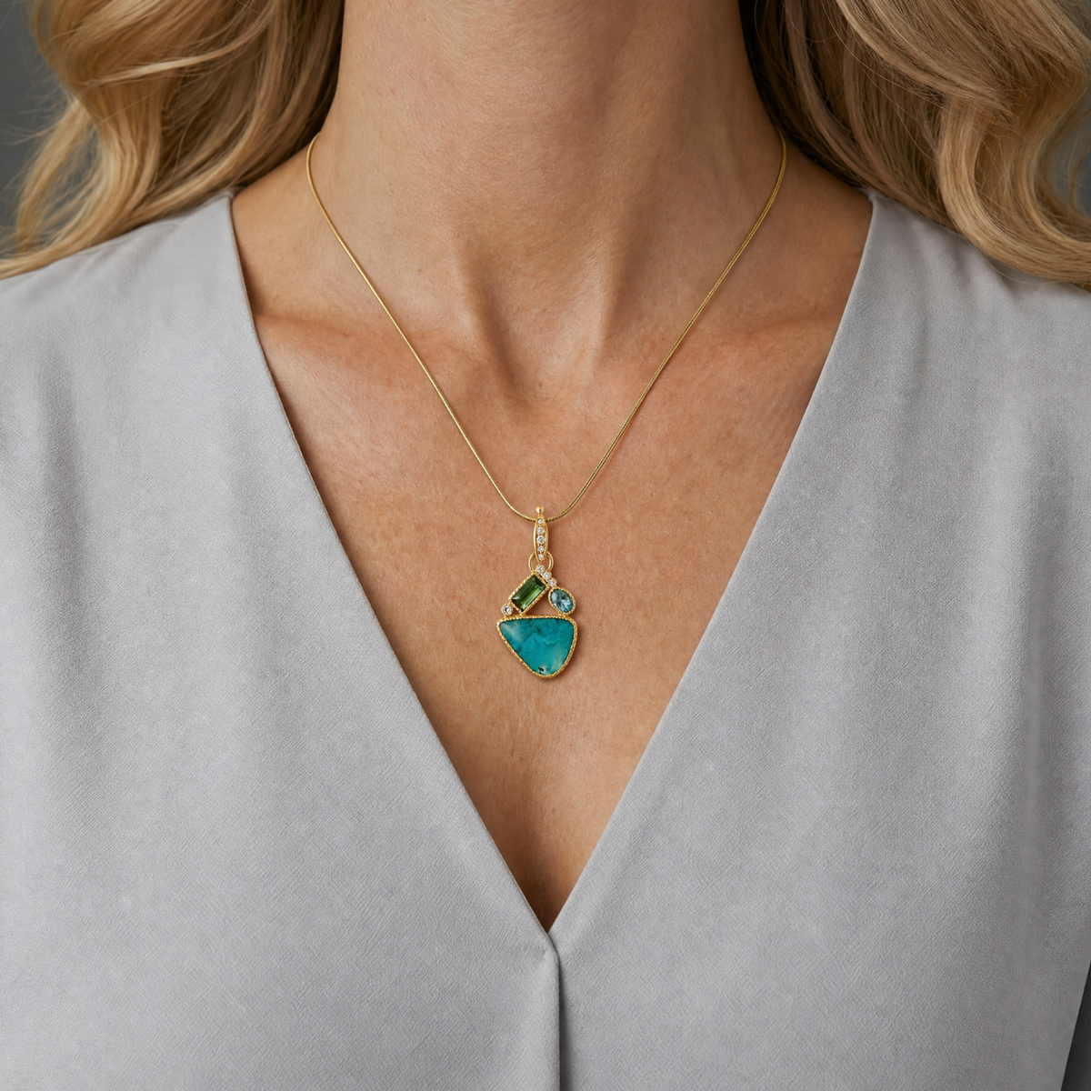 14k Gold Gem Silica, Tourmaline and Diamond Pendant