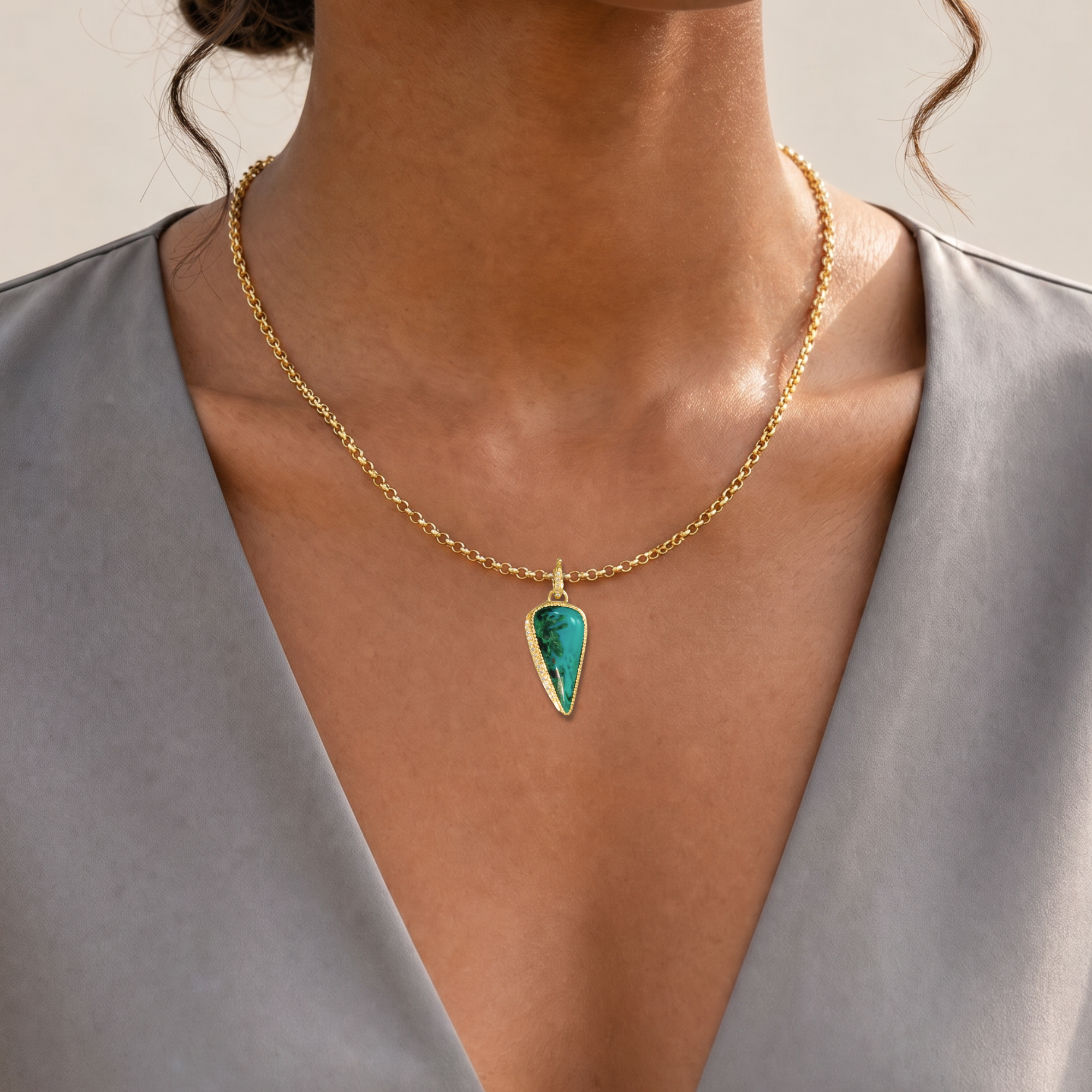 14k Gem Silica Malachite Pendant with Diamonds