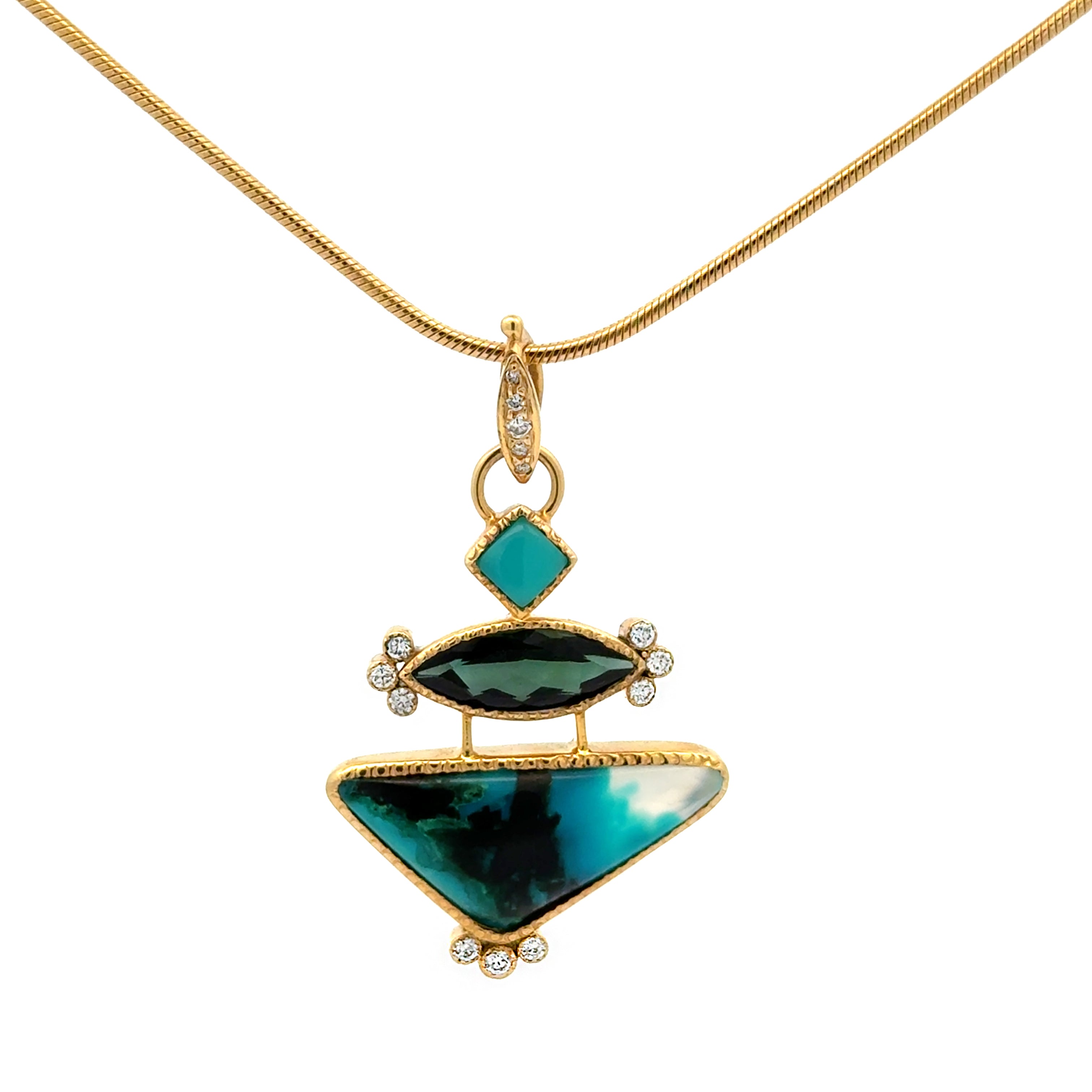 14k Gem Quality Gem Silica, Gem Silica Chrysocolla, Tourmaline and Diamond Pendant