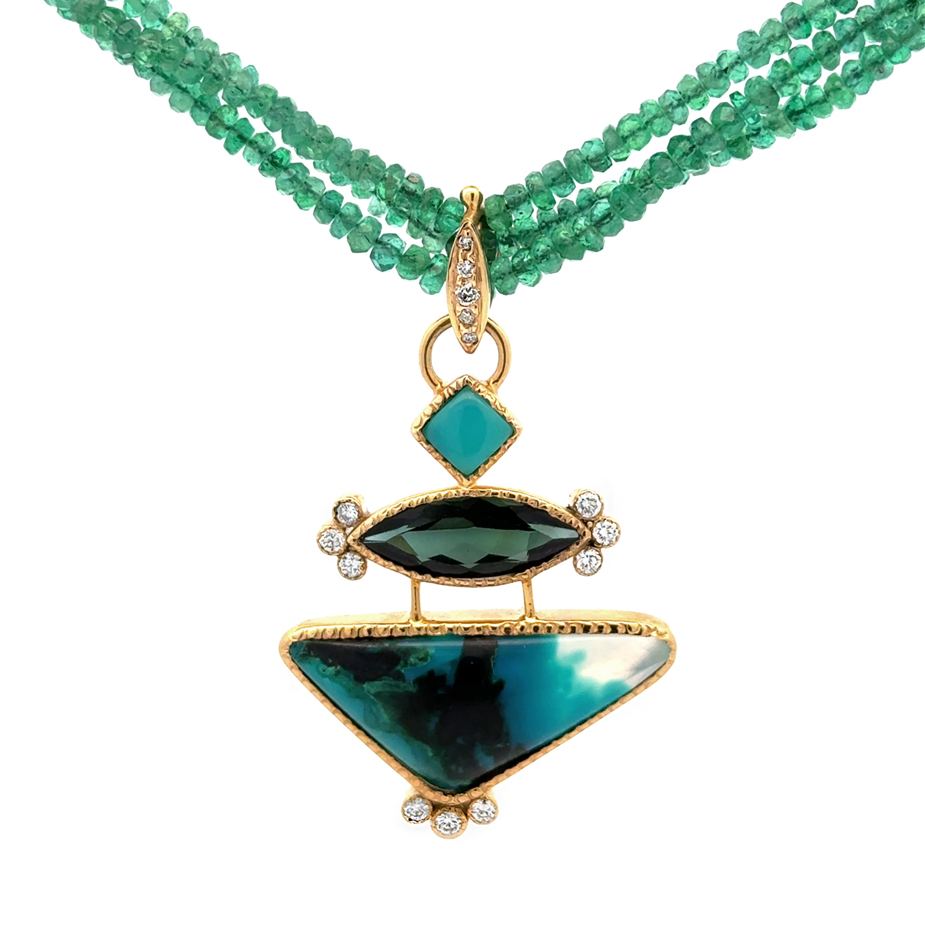 14k Gem Quality Gem Silica, Gem Silica Chrysocolla, Tourmaline and Diamond Pendant