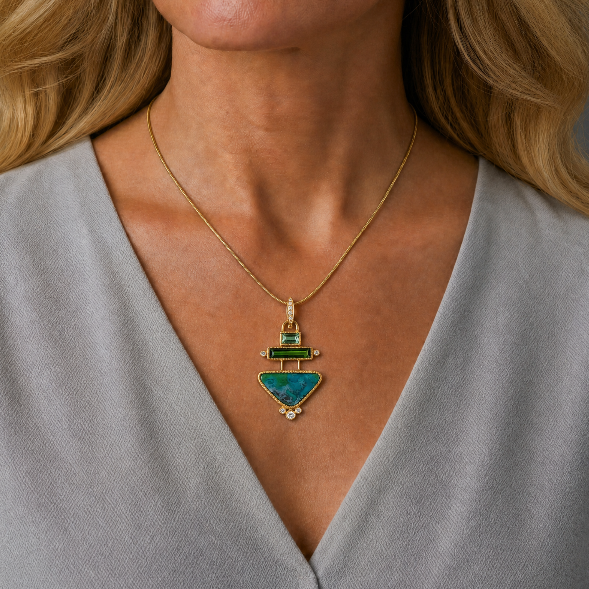 14k Gold Rare Inspiration Mine Gem Silica, Tourmaline and Diamond Pendant