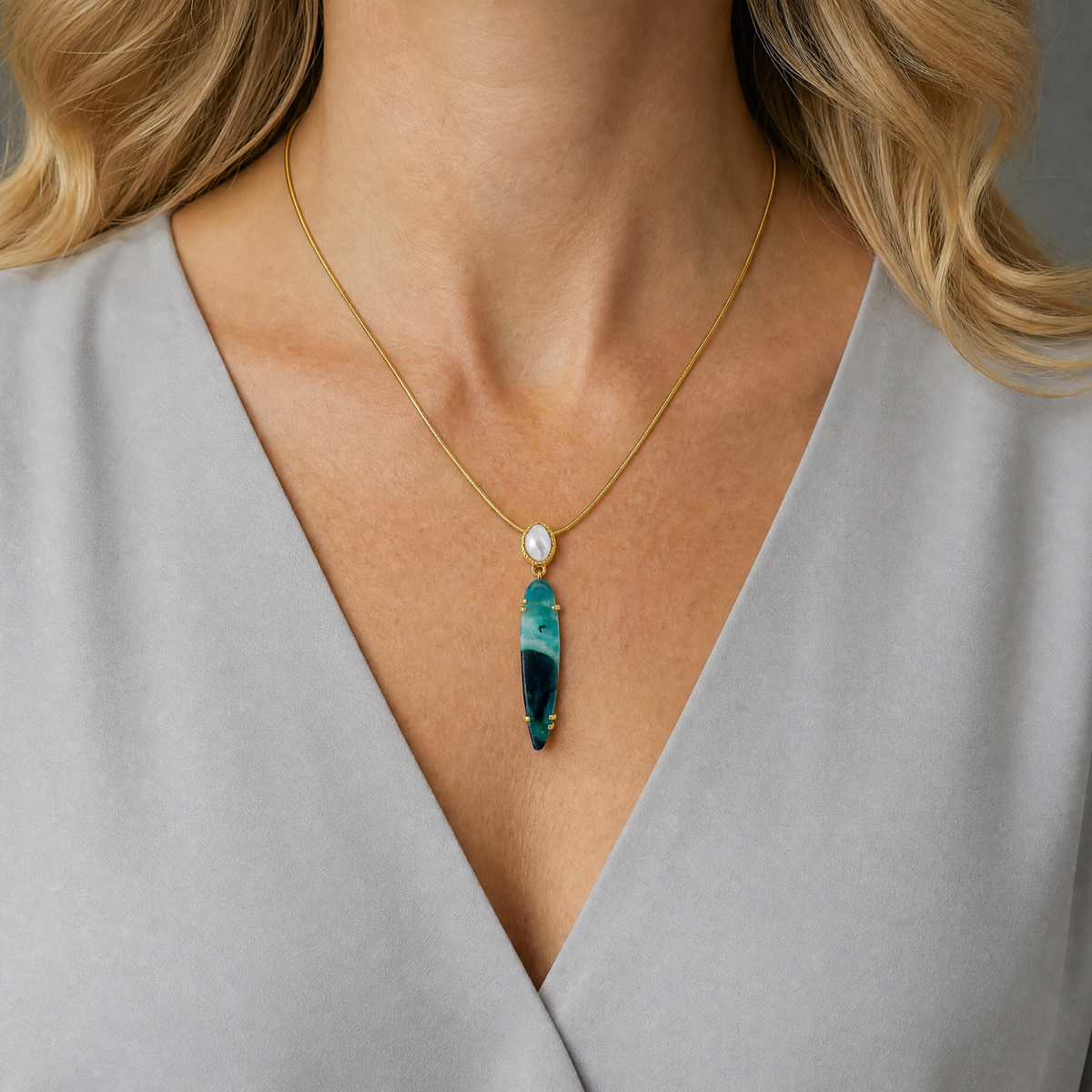 14k Gold South Sea Keshi Pearl and Gem Silica with Malachite Pendant