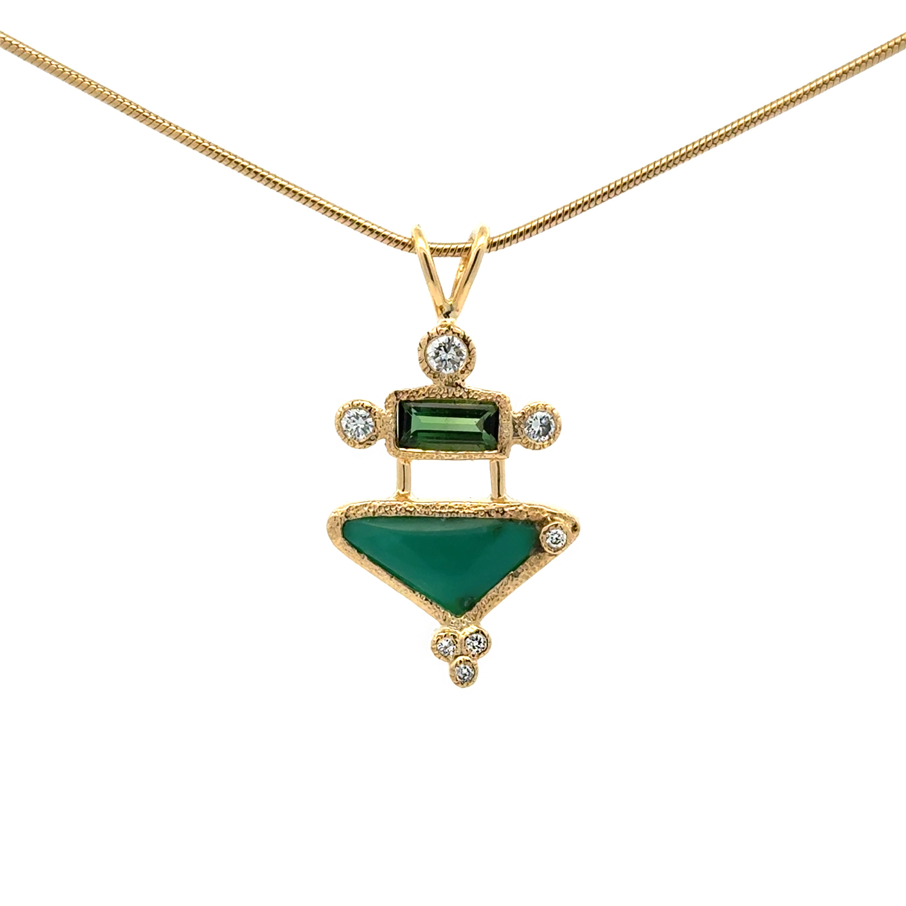 14k gold pendant with gem silica chrysocolla, tourmaline and diamonds.
