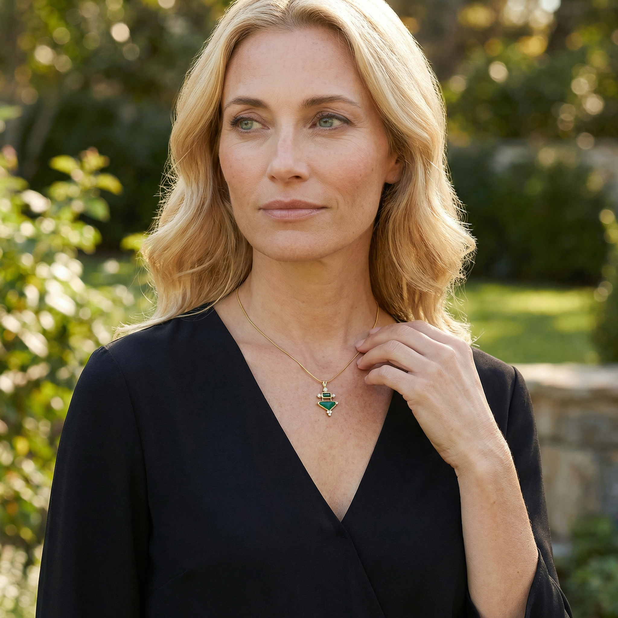 14k gold pendant with gem silica chrysocolla, tourmaline and diamonds on model.