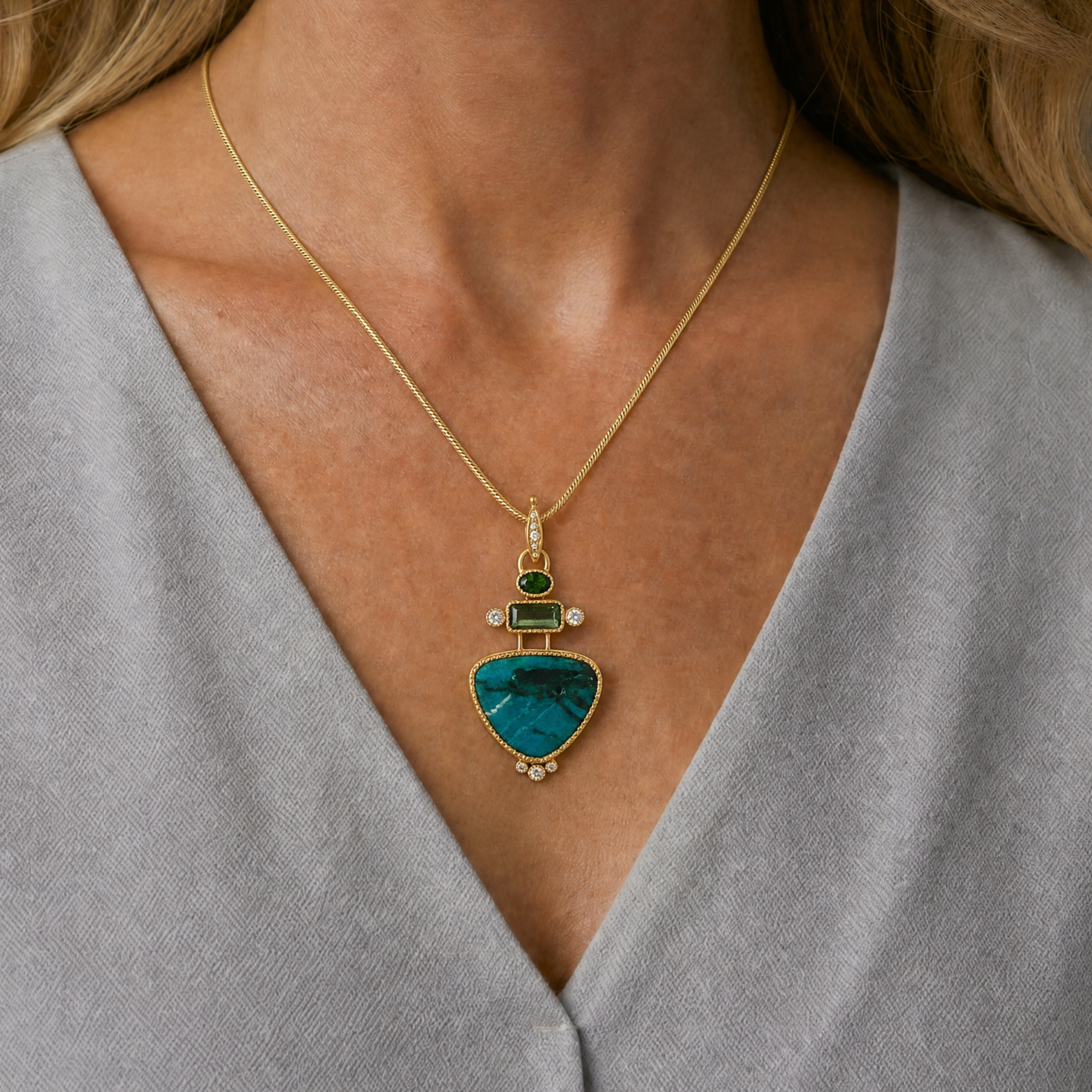 14k Gold Gem Silica Shattuckite, Tourmaline and Diamond Pendant