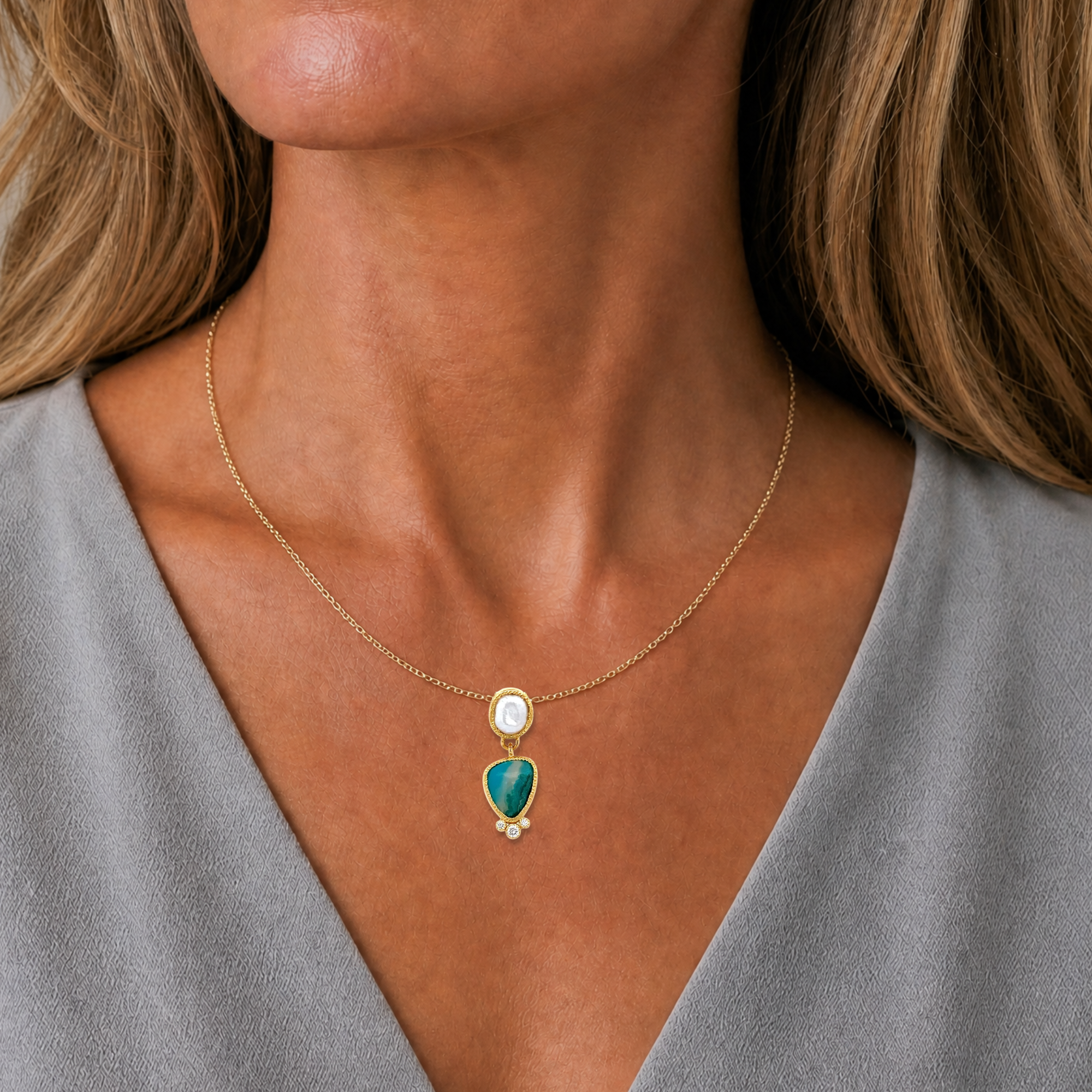 14k Gold Gem Silica and Pearl Pendant