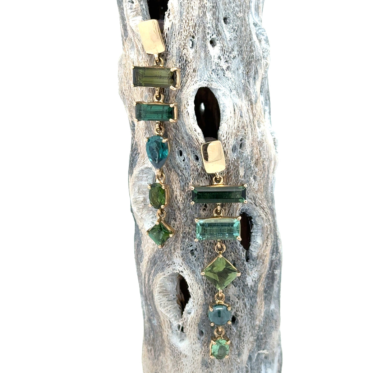 14k Gold Asymmetrical Mixed Tourmaline Earring