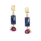 Rose Cut Blue Sapphire & Ruby Earrings, 14k Gold