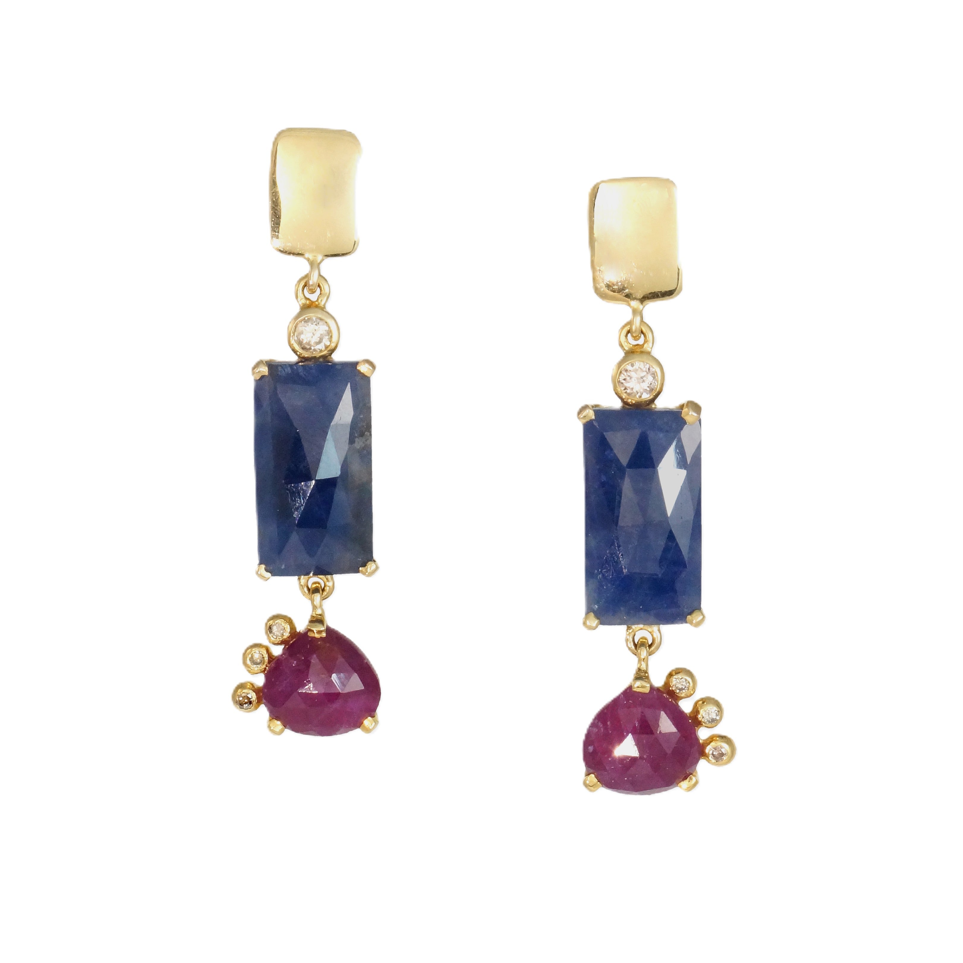 Rose Cut Blue Sapphire & Ruby Earrings, 14k Gold