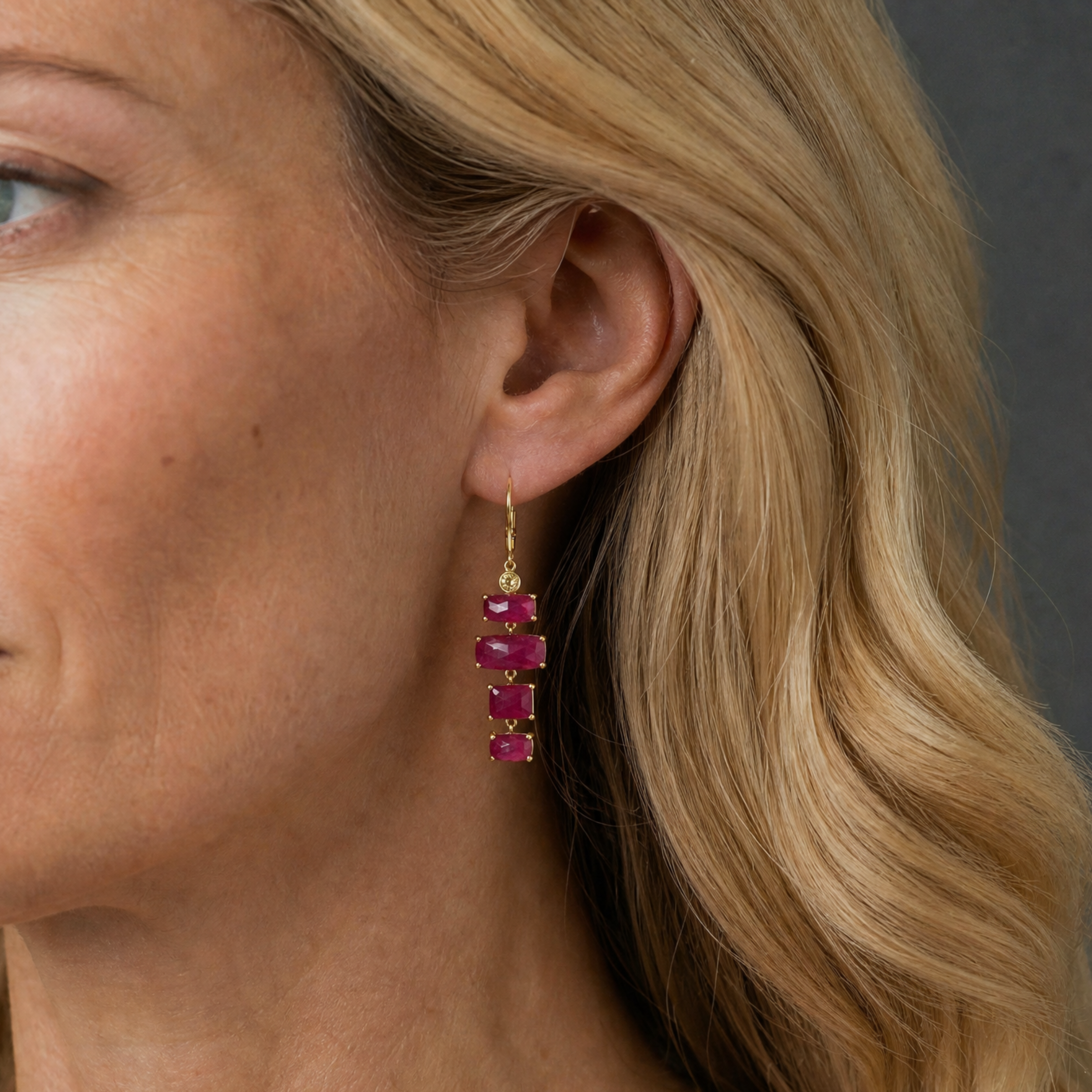 Rose Cut Ruby Slice Drop Earrings with Champagne Diamonds in 14k Gold