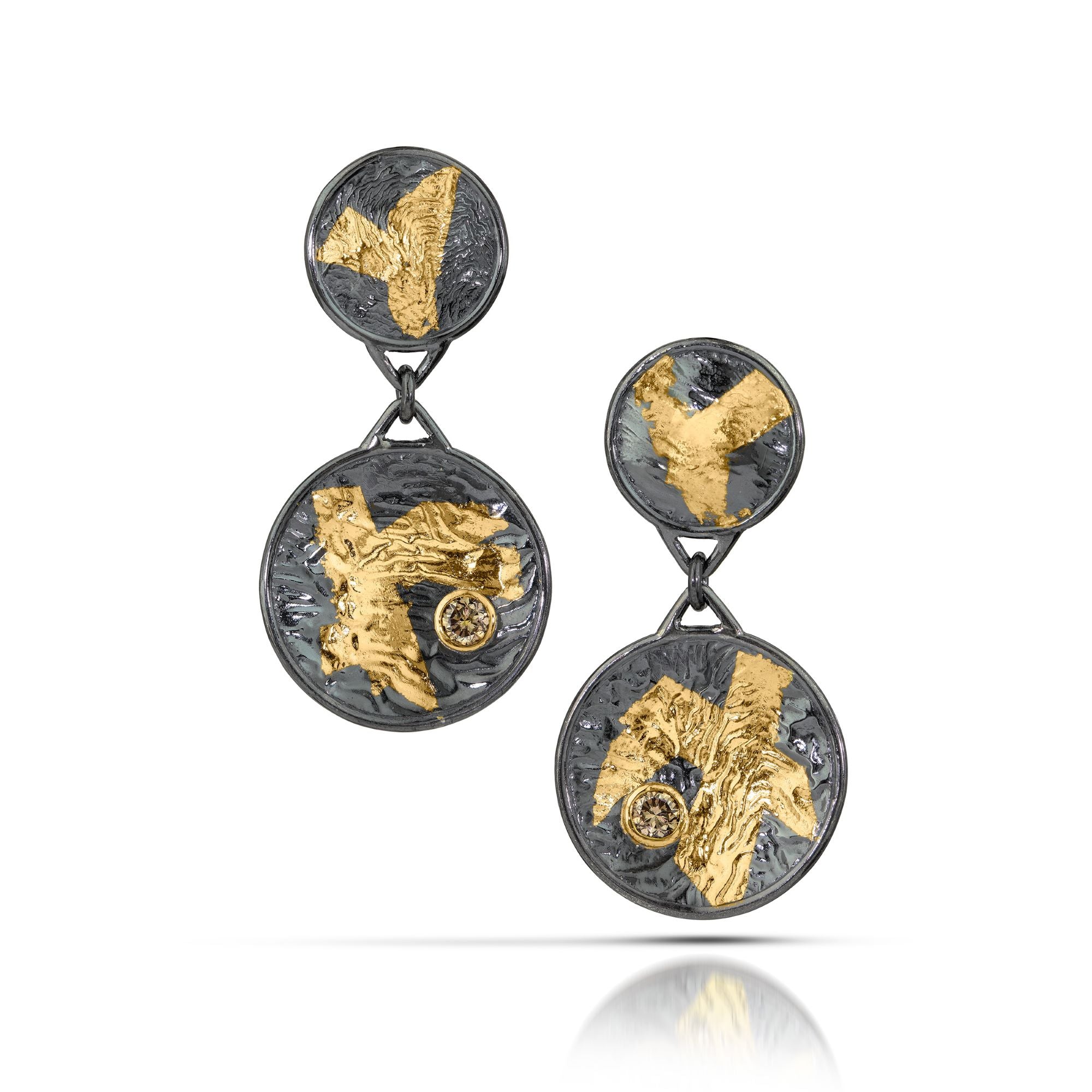Double Disk Keum-Boo Gold Earrings with Champagne Diamond