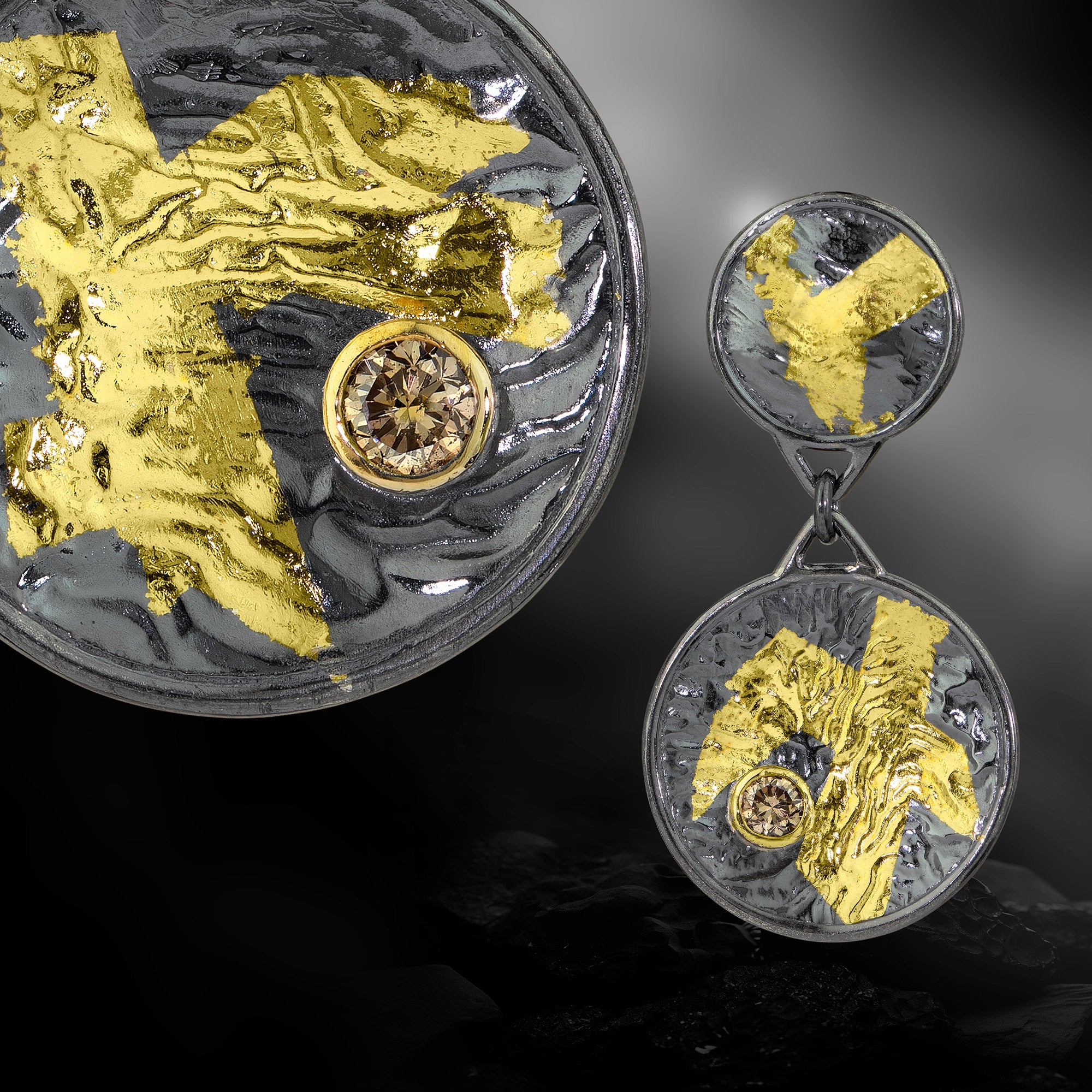 Double Disk Keum-Boo Gold Earrings with Champagne Diamond