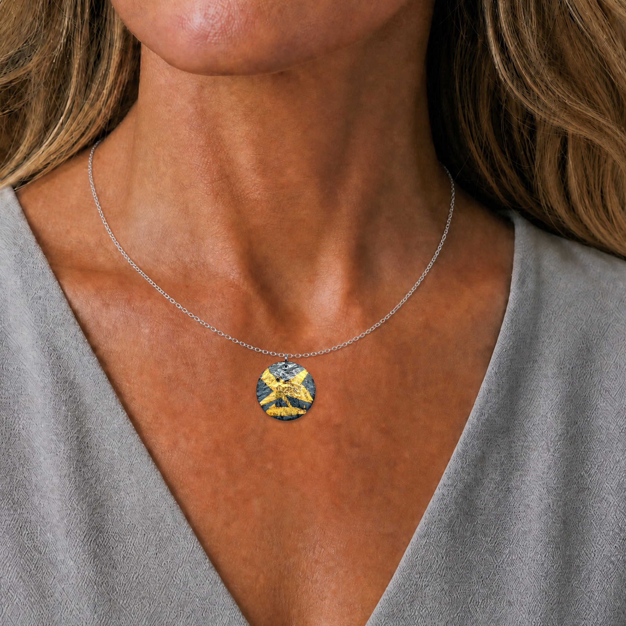 Black and Gold Keum-Boo Single Disk Necklace