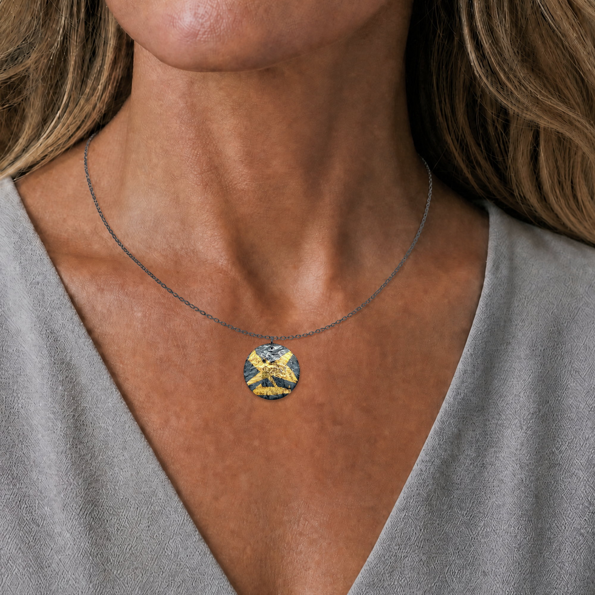 Black and Gold Keum-Boo Single Disk Necklace