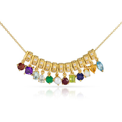 Gold custom bespoke necklace with colorful birthstones on a white background, garnet, amethyst, aquamarine, diamond, emerald, cultured pearl, garnet, peridot, sapphire, opal, citrine, blue topaz