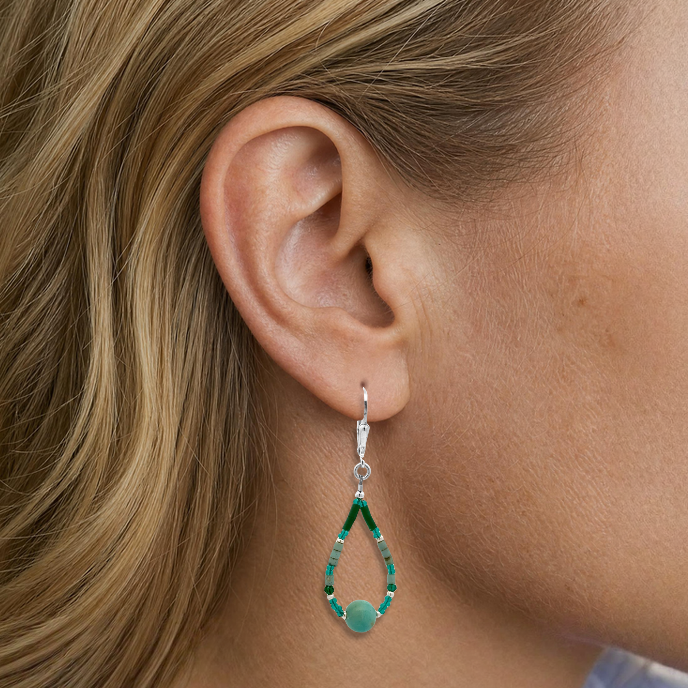 Silver Leverback Earrings with Turquoise & Jade