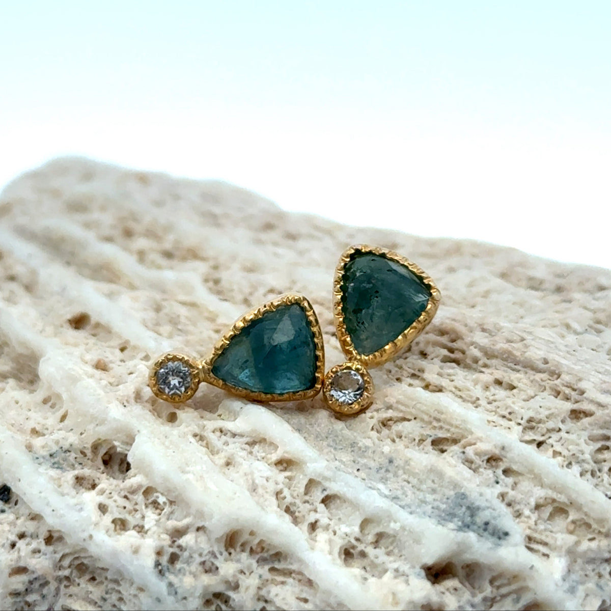 14k Gold Aquamarine and Diamond Studs