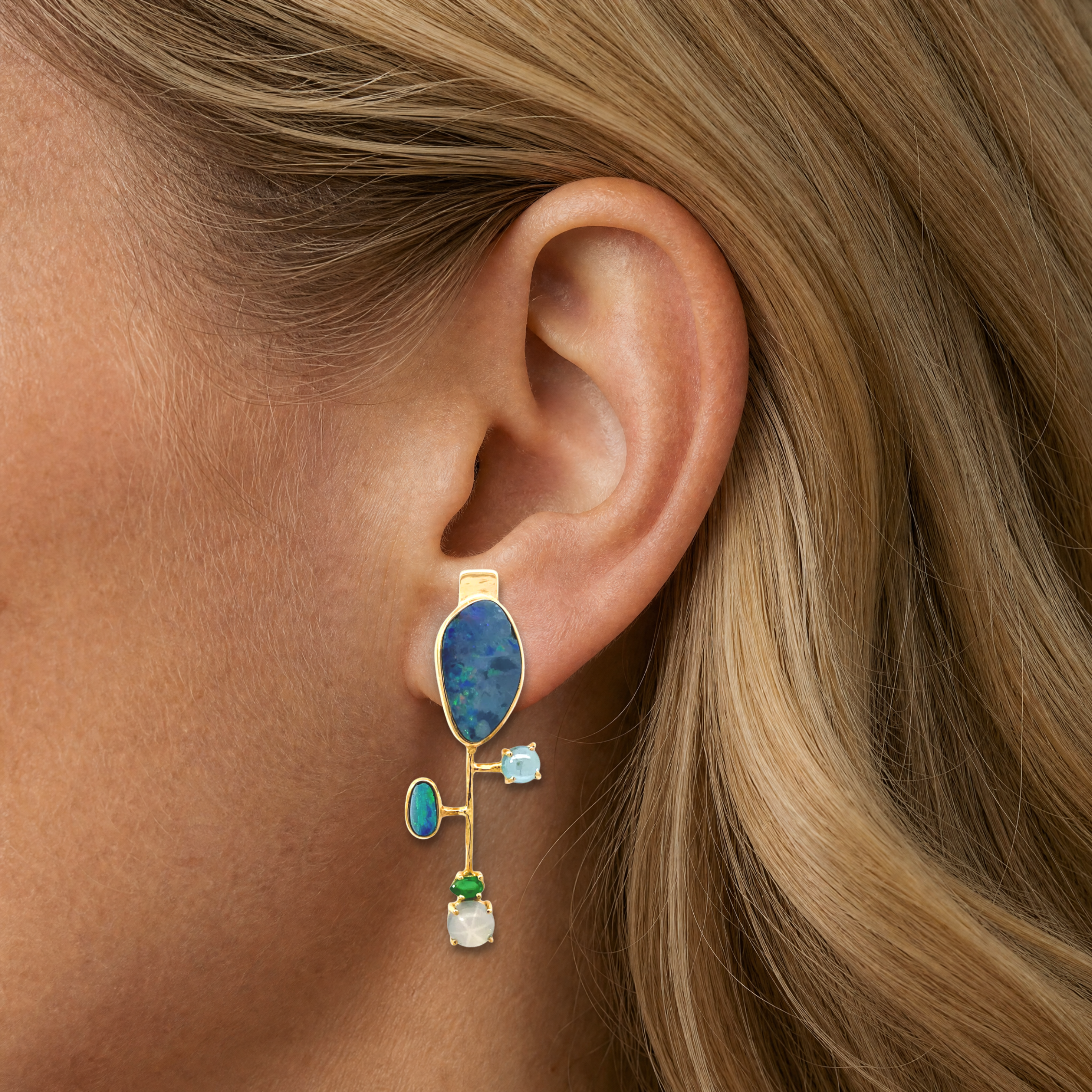 14k Gold Asymmetrical Tourmaline, Australian Black Opal, Emerald, Star Sapphire Earrings