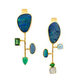 14k Gold Asymmetrical Tourmaline, Australian Black Opal, Emerald, Star Sapphire Earrings - Q Evon Fine Jewelry
