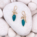 Gold earrings with green gemstones on a rock.