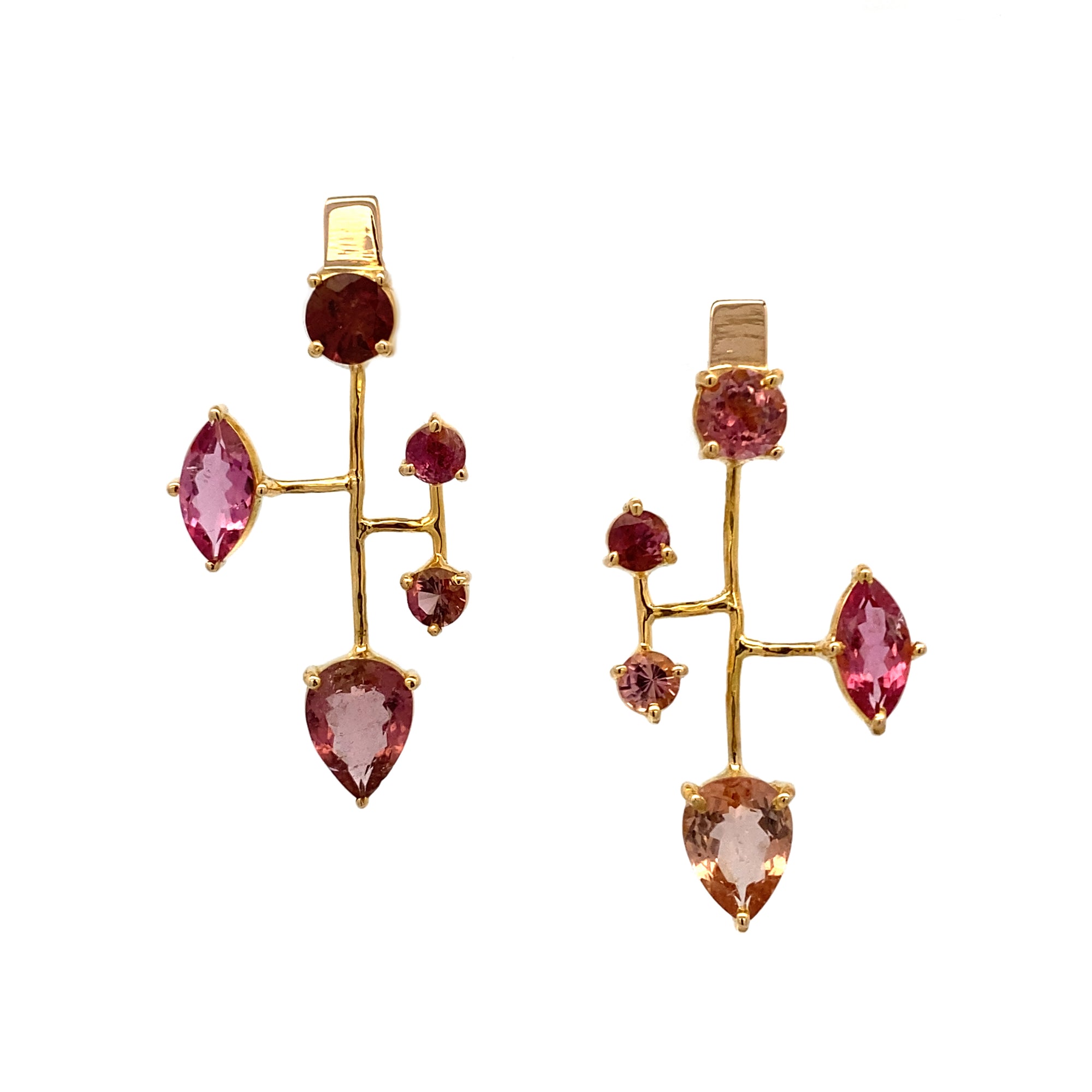 14k Gold Asymmetrical Pink Tourmaline and Sapphire Earrings