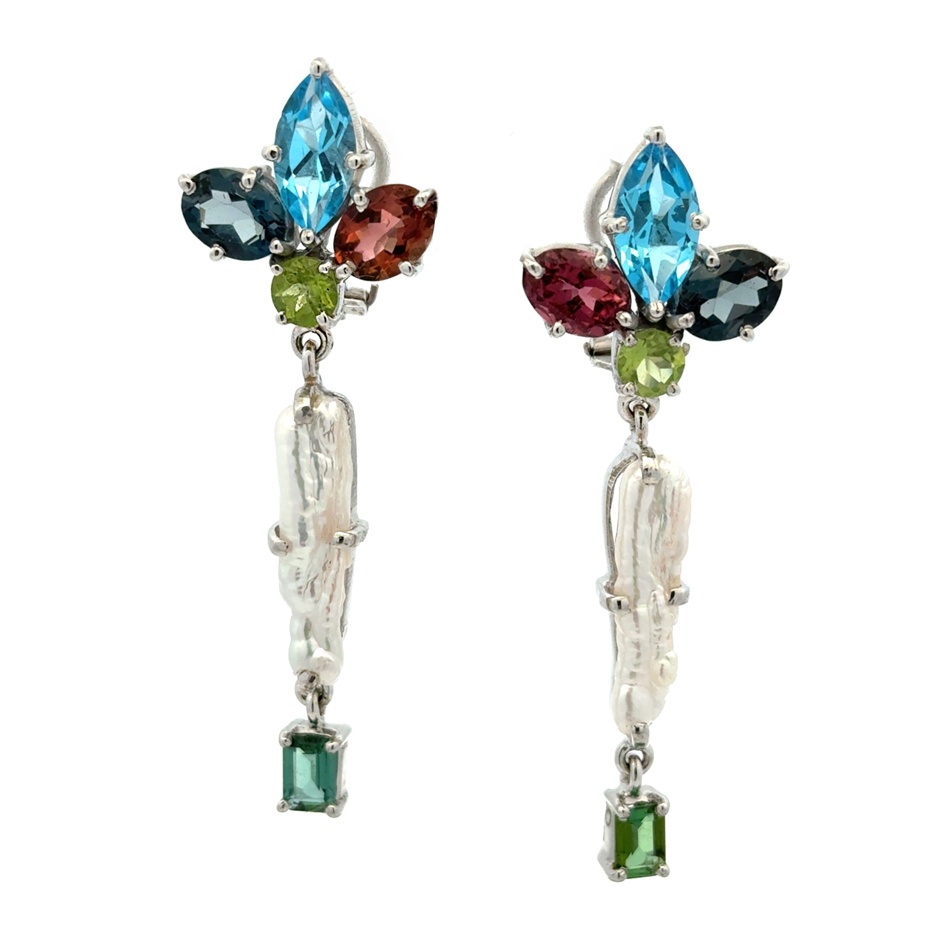 Silver Dangle Earrings with Stick Pearl and Tourmaline