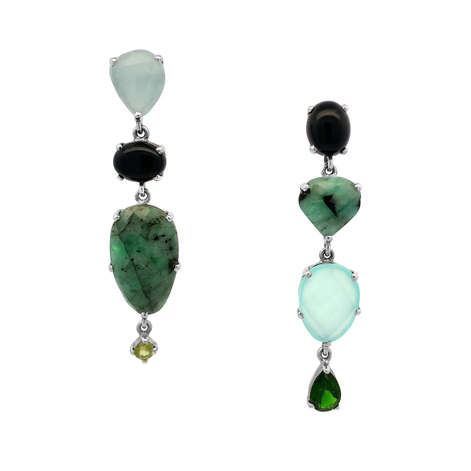 Silver Asymmetrical Chalcedony, Onyx and Emerald Earrings