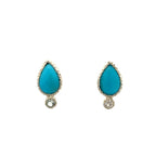 A pair of silver teardrop stud earrings featuring a vibrant turquoise center stone and a small round-cut white topaz accent below, set against a plain white background.