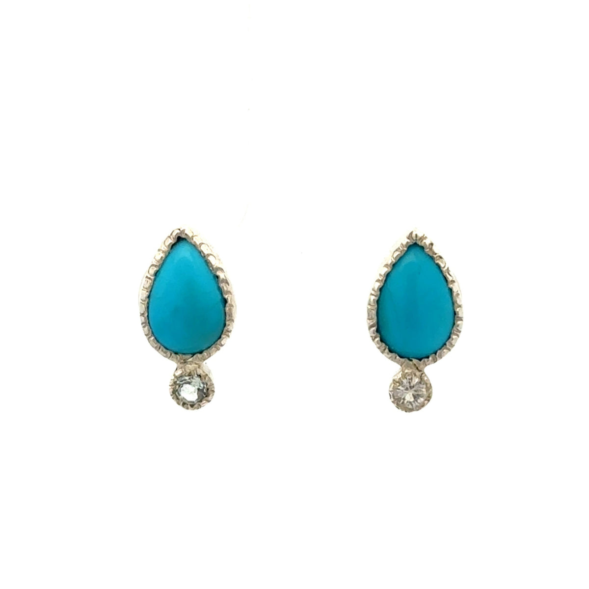 A pair of silver teardrop stud earrings featuring a vibrant turquoise center stone and a small round-cut white topaz accent below, set against a plain white background.
