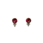 Round pink tourmaline stud earrings with diamonds in silver with white rhodium plating.