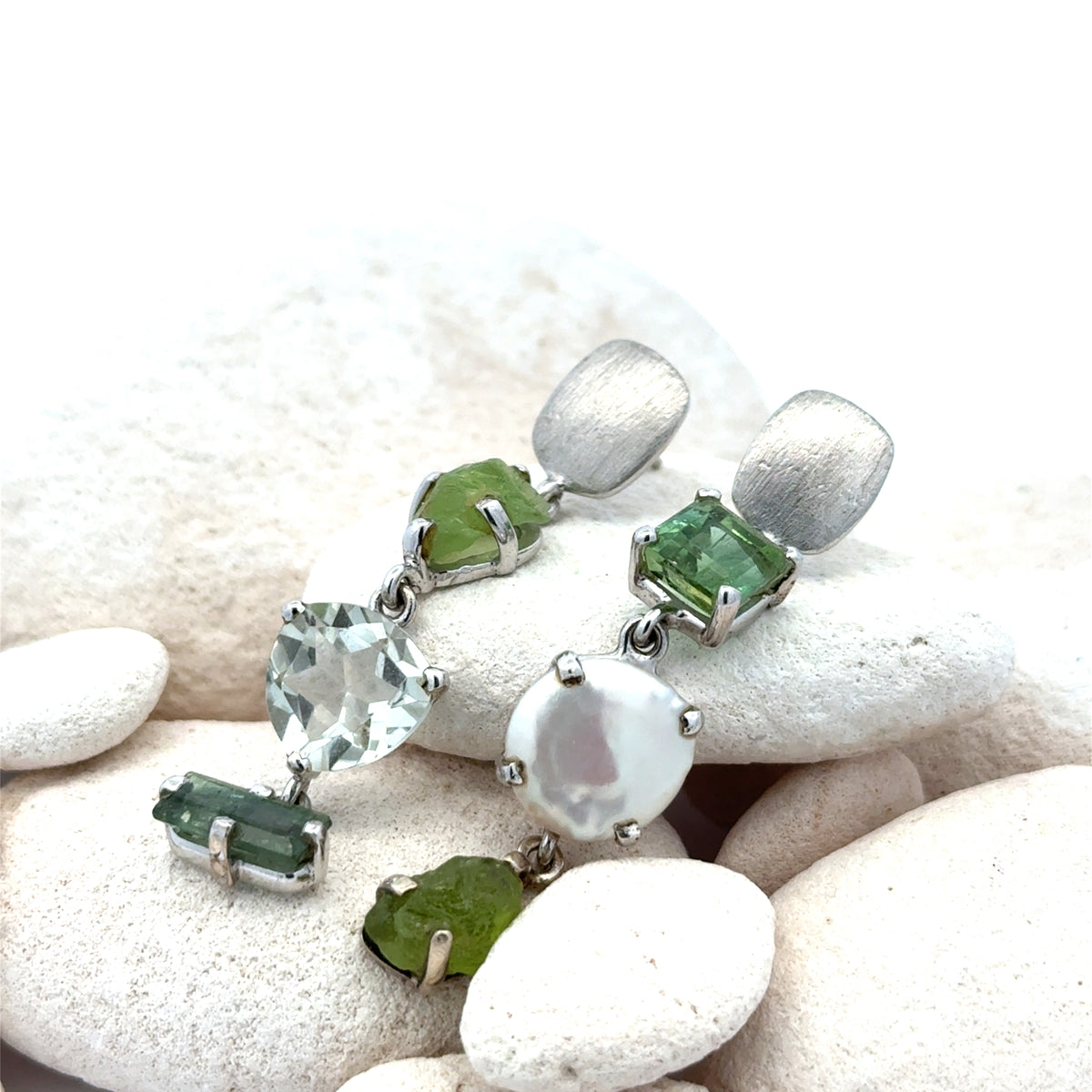 Silver Asymmetrical Peridot & Prasiolite Earrings