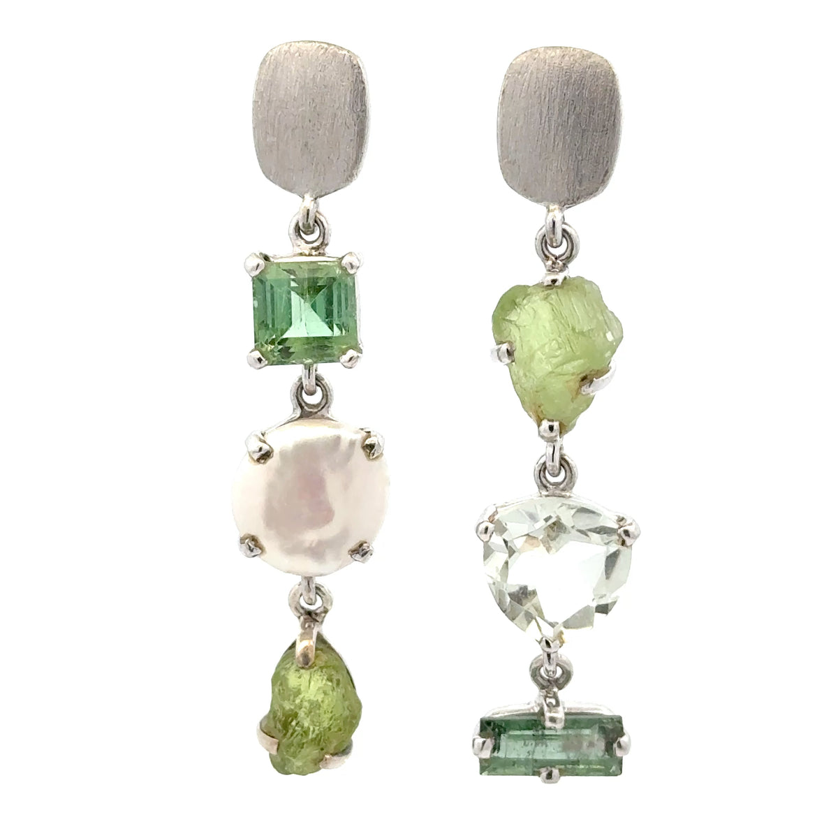 Silver Asymmetrical Peridot & Prasiolite Earrings