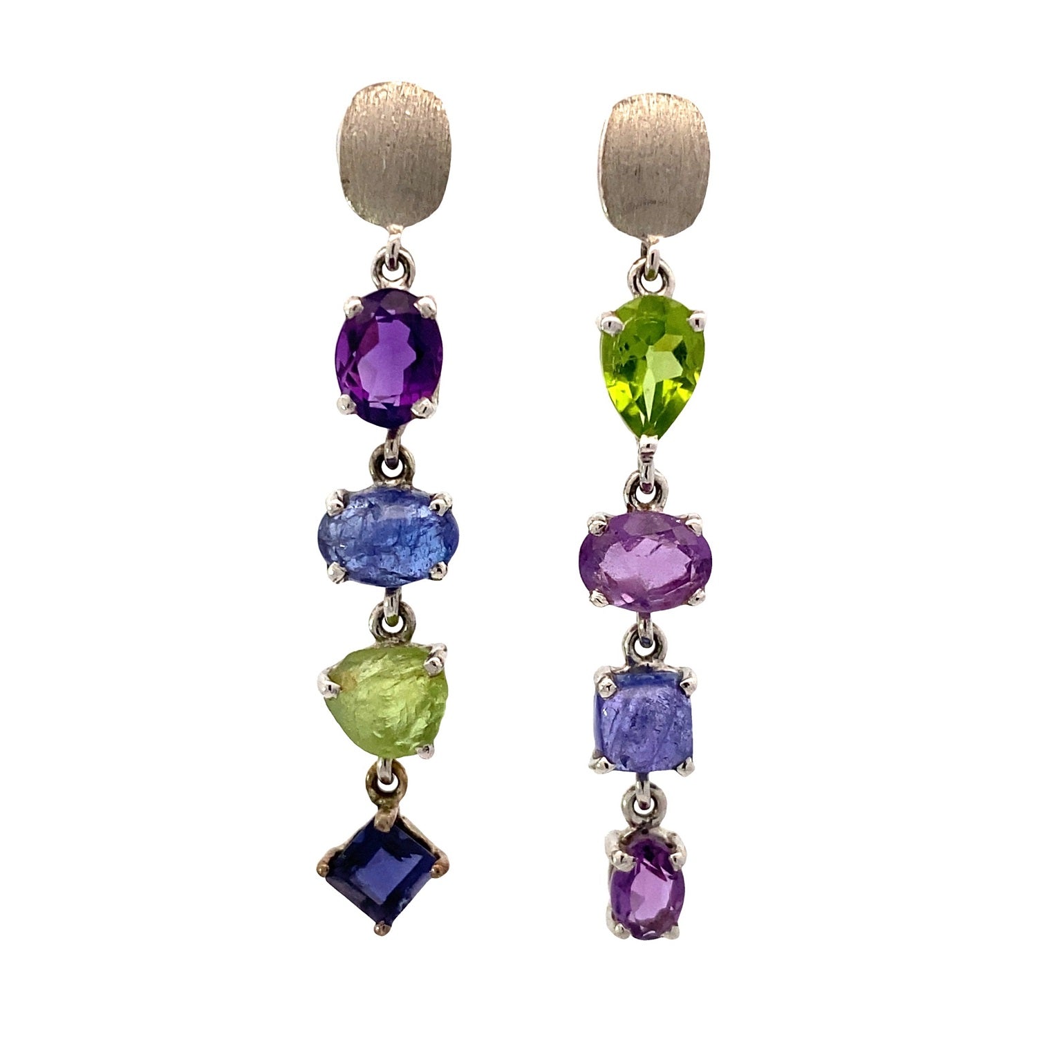 Asymmetrical Amethyst, Peridot and Tanzanite Earring