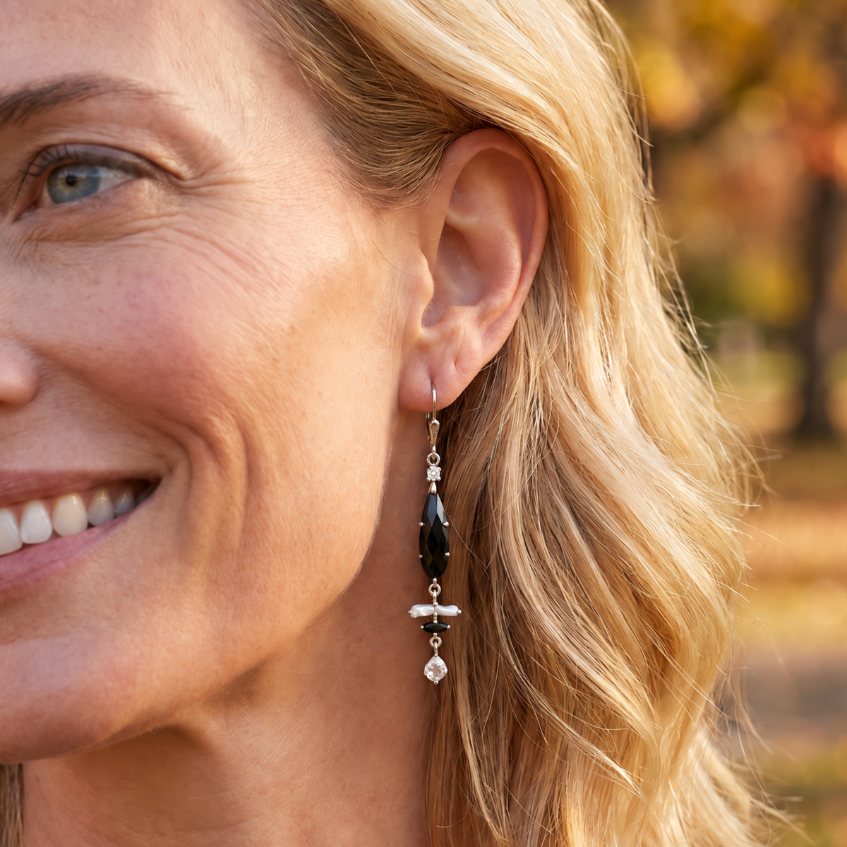 Sterling Silver Dangle Earrings with Spinel, Stick Pearl, Onyx and Herkimer Diamond